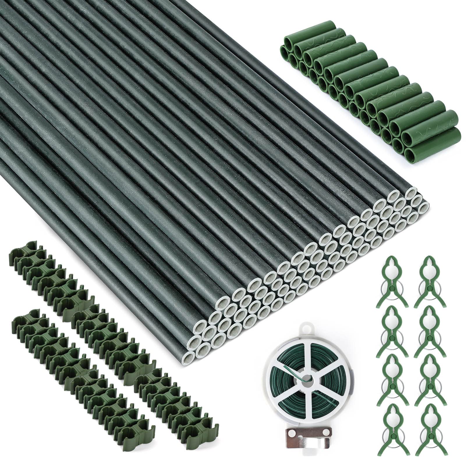 CEED4U 64 Pcs Garden Stakes,15.7" Fiberglass Plant Sticks, Plant Cages Supports with Connectors, Rotatable Clips, Twist Tie, Clips, for Tomato Cage, Fruit, Vegetables, Flower, Vine