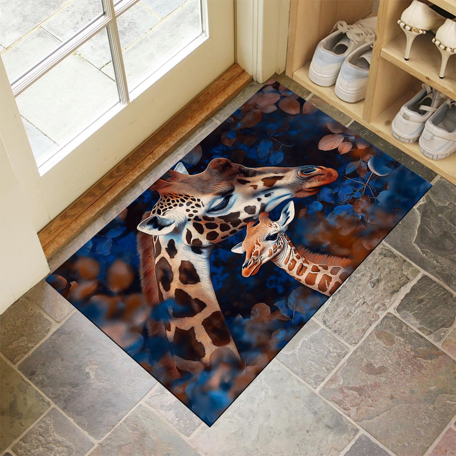 Door Mats Indoor - Machine Washable Inside Door Mat, Dirt Trapper Doormats, Cat White Tiger Giraffe Absorbent Entrance Rug, Non-Slip Floor Mat For Front Back Door, Pets And Dogs Giraffe Mother And C