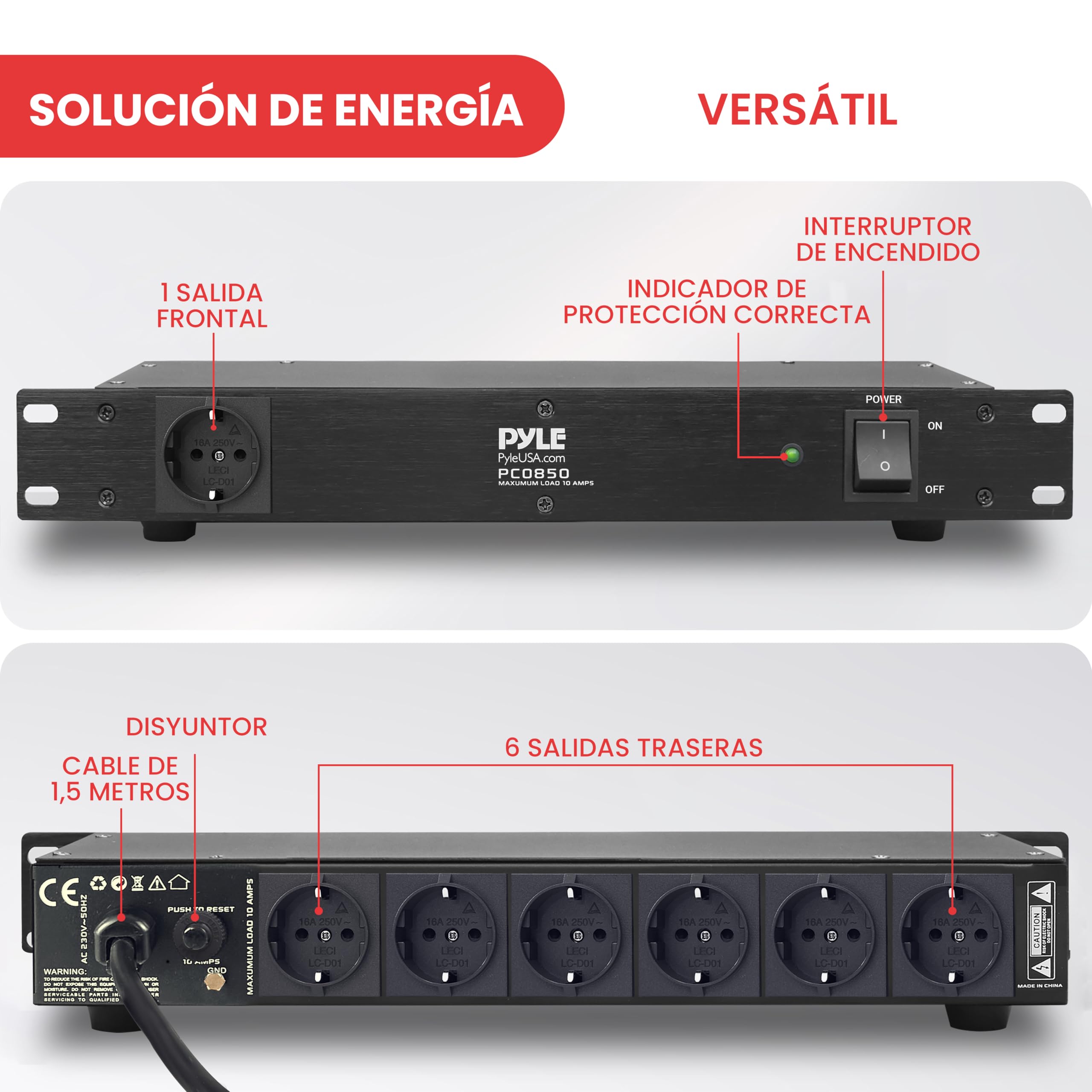 Pyle PDU Power Strip Protector, 150 Julios, 15 amp, 7 Salidas, Regleta de Cable de Extension electrica, Resistente, 1U, Proteccion de Montaje en Rack, Tira de tomacorriente