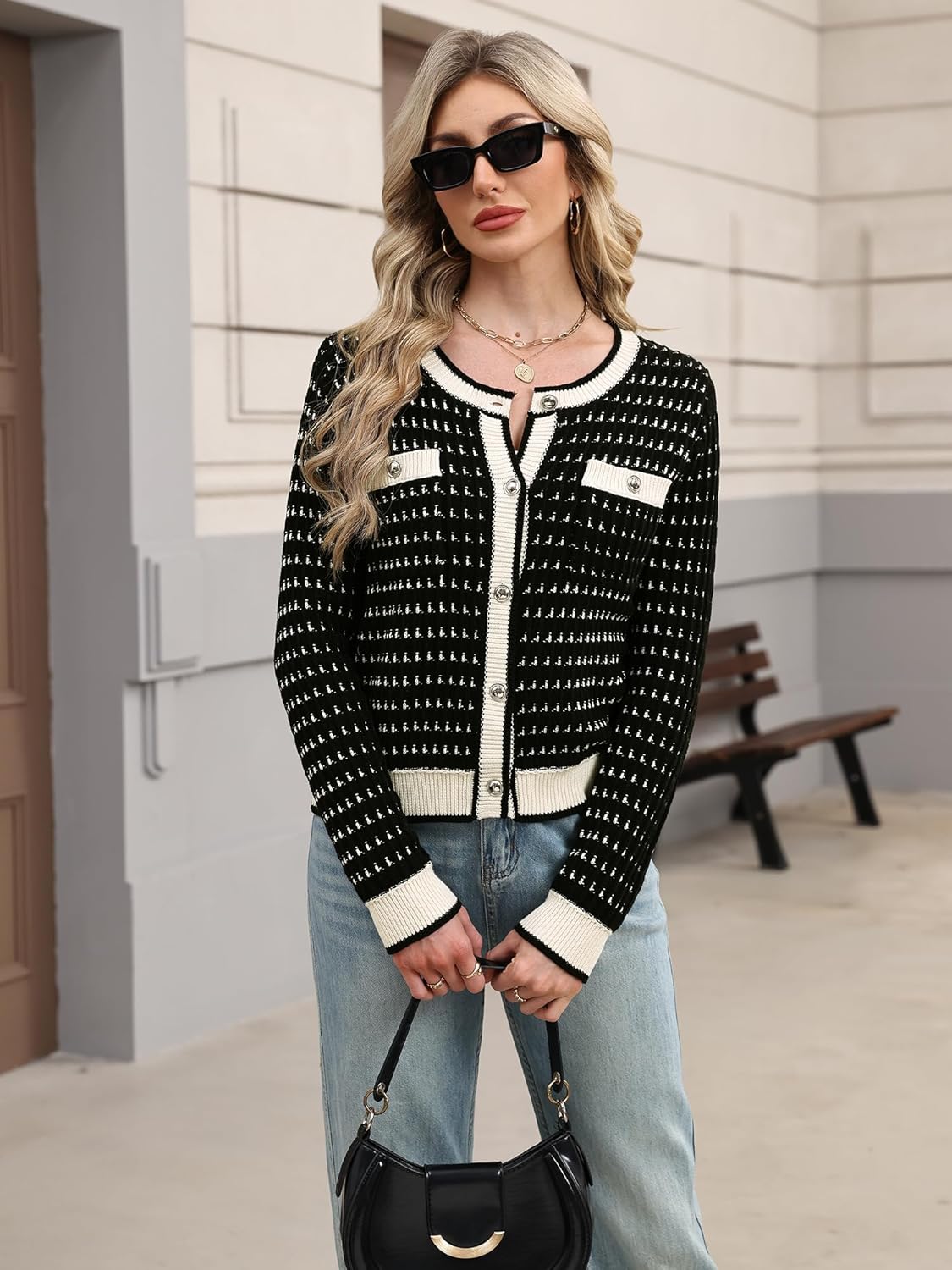 ELLEVEN Women's Cropped Tweed Knit Cardigan Sweater,Trendy Open Front Button Up Long Sleeve Cardigans with Pockets - Image 4