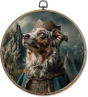 Sufamb Australian Shepherd Renaissance Style Round Wall Art Decor, Aussie Dog Gifts Canvas Artwork Framed, King Dog Wall Hanging Prints Decorations for Home Bedroom Living Room Decor, 10x10 Inches