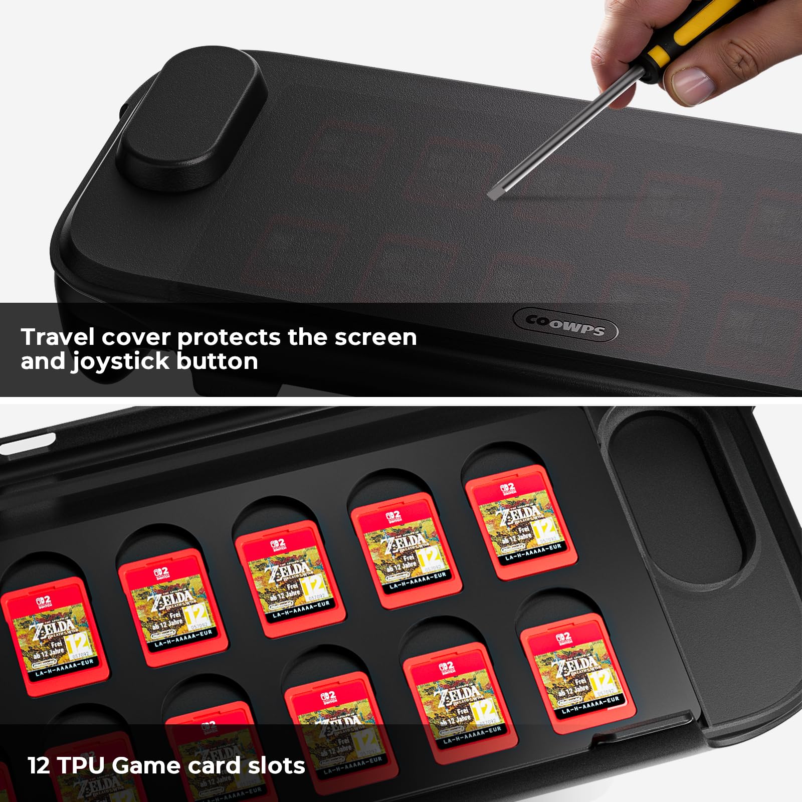 COOWPS P2 Coque pour Nintendo Switch 2, avec Poignée Ergonomique Antidérapante, Design Magnétique Et Support Stable, Couvercle Rigide De Voyage avec Protection Complète Et 12 Emplacements pour Cartes