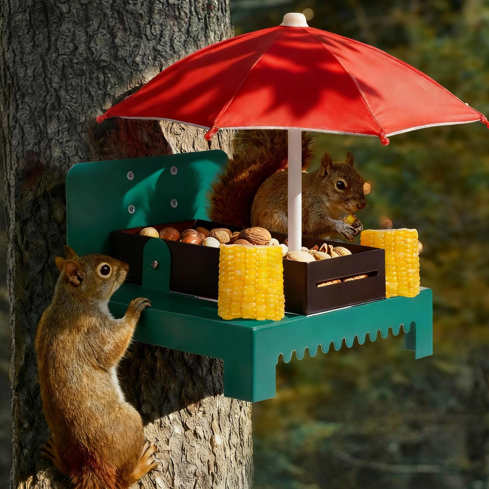 Photo 1 of Heavy Duty Metal Squirrel Feeder Picnic Table with Umbrella - Rustproof Corn Cob Holder & Chipmunk Feeder for Tree/Fence, Funny Gift for Squirrel Lovers. (RED)