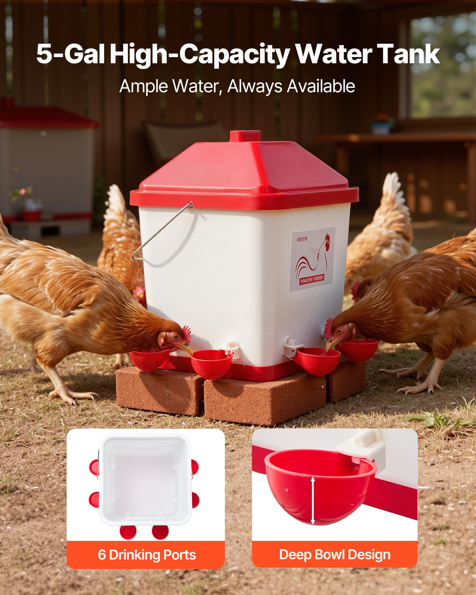 VEVOR Abbeveratoio Automatico per Polli da 19 L, 6 Porte per l'Acqua, Tazza per l'Acqua a Riempimento, con Maniglia e Anello di Gomma Sigillato, Materiale PP Impermeabile, Design Senza Sprechi