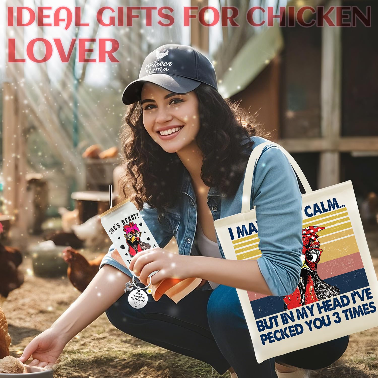 Chicken Gifts, Chicken Lover Gifts for Women, Funny Chicken Stuff with Glass Cup Tote Bag Makeup Bag Baseball Hat Candle Socks Keychain Earrings for Lady, Chicken Mom Birthday Chirstmas Gifts