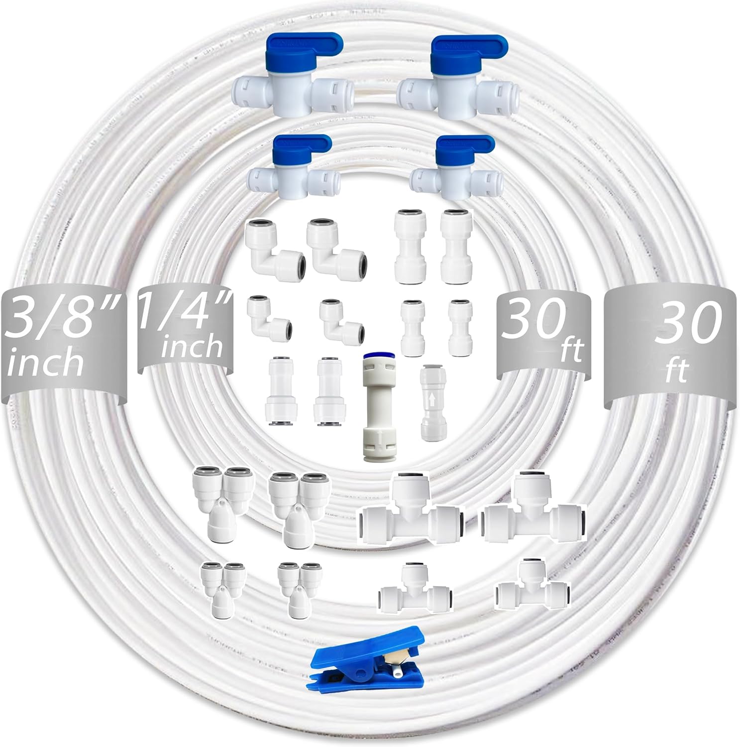 NSF 1/4" & 3/8" Water Line Tubing and Push Connect Fittings for Reverse Osmosis Water Filter RO fittings,25 pcs connetors+30 feet 1/4"(6.4mm) water tube +30 feet 3/8"(9.5mm) water tubing.