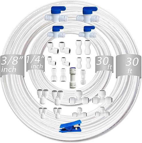 NSF 1/4" y 3/8" Tubo de línea de agua y accesorios de conexión por empuje para filtro de agua de ósmosis inversa RO, 25 piezas de conectores + 30