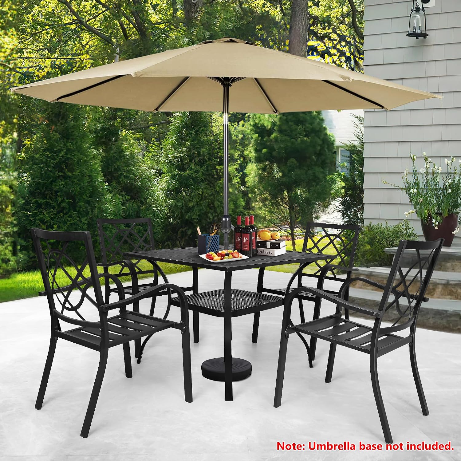 Incbruce 5-Piece Wrought Iron Outdoor Dining Set with Brown Umbrella, Patio Furniture Set (4 Chairs and 1 Square Table with 1.57" Umbrella Hole) - Metal Tabletop