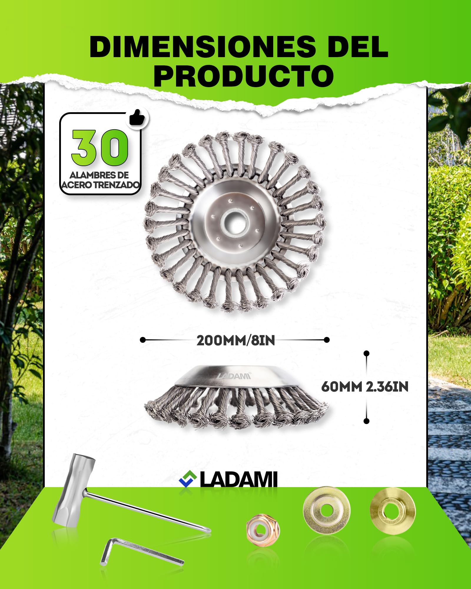 Cepillo para malas hierbas silvestres, 25,4 x 200 mm, alta estabilidad, muy resistente, montaje fácil, 2 unidades