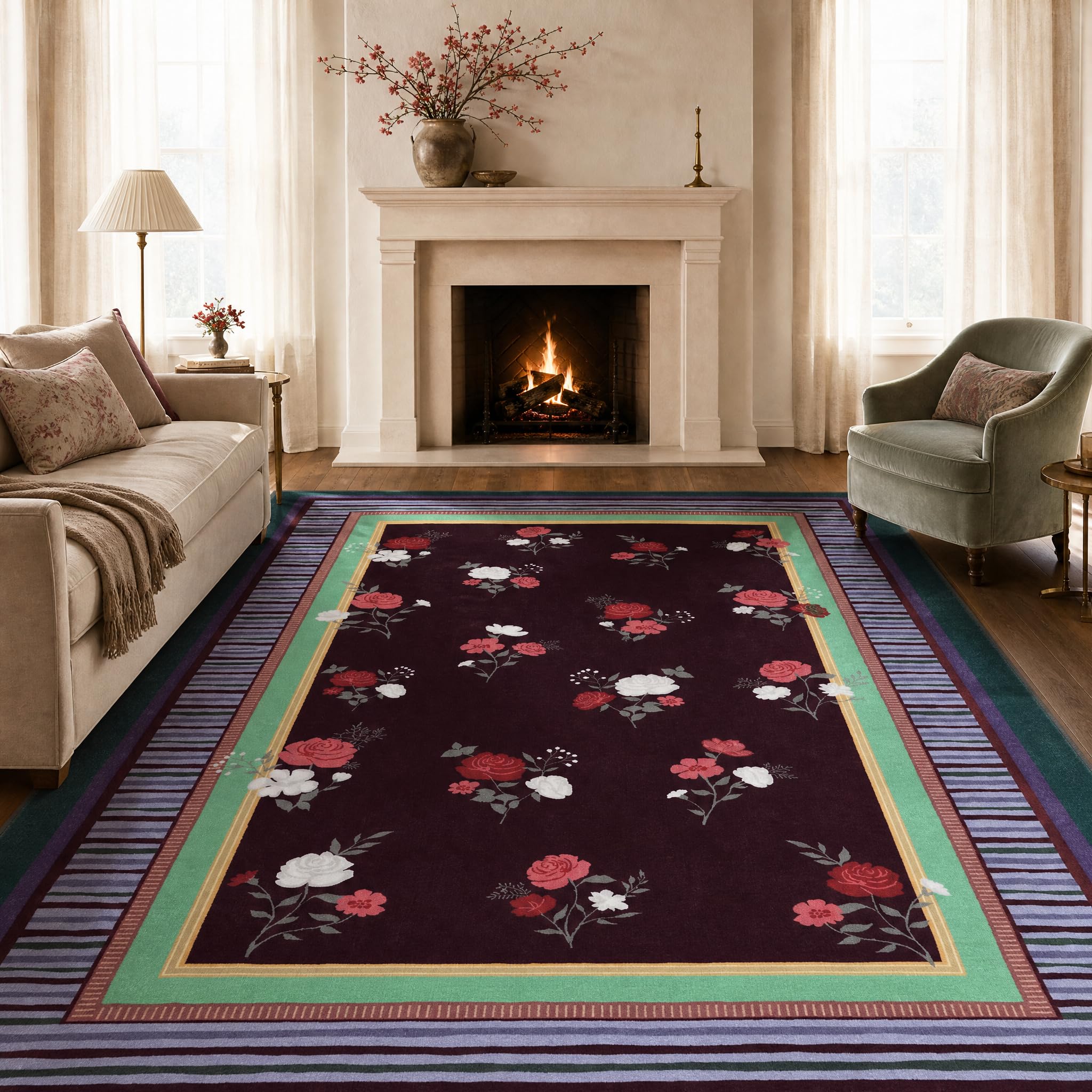 GarveeHome Brown 5x7 Area Rug, Vintage Floral Design, Machine Washable Low Pile Rug, Lightweight Non Slip, Soft Carpet for Living Room Bedroom Dining Room Nursery