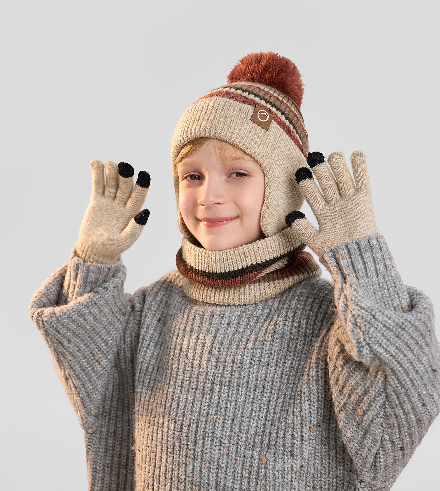 Ensemble Bonnet Écharpe Gants Hiver 3 en 1 Enfant, avec Cache-Oreilles & Doublure Polaire, Gants Tactiles - Lot Chaud Fille Garçon 4-10 Ans pour Ski et Froid