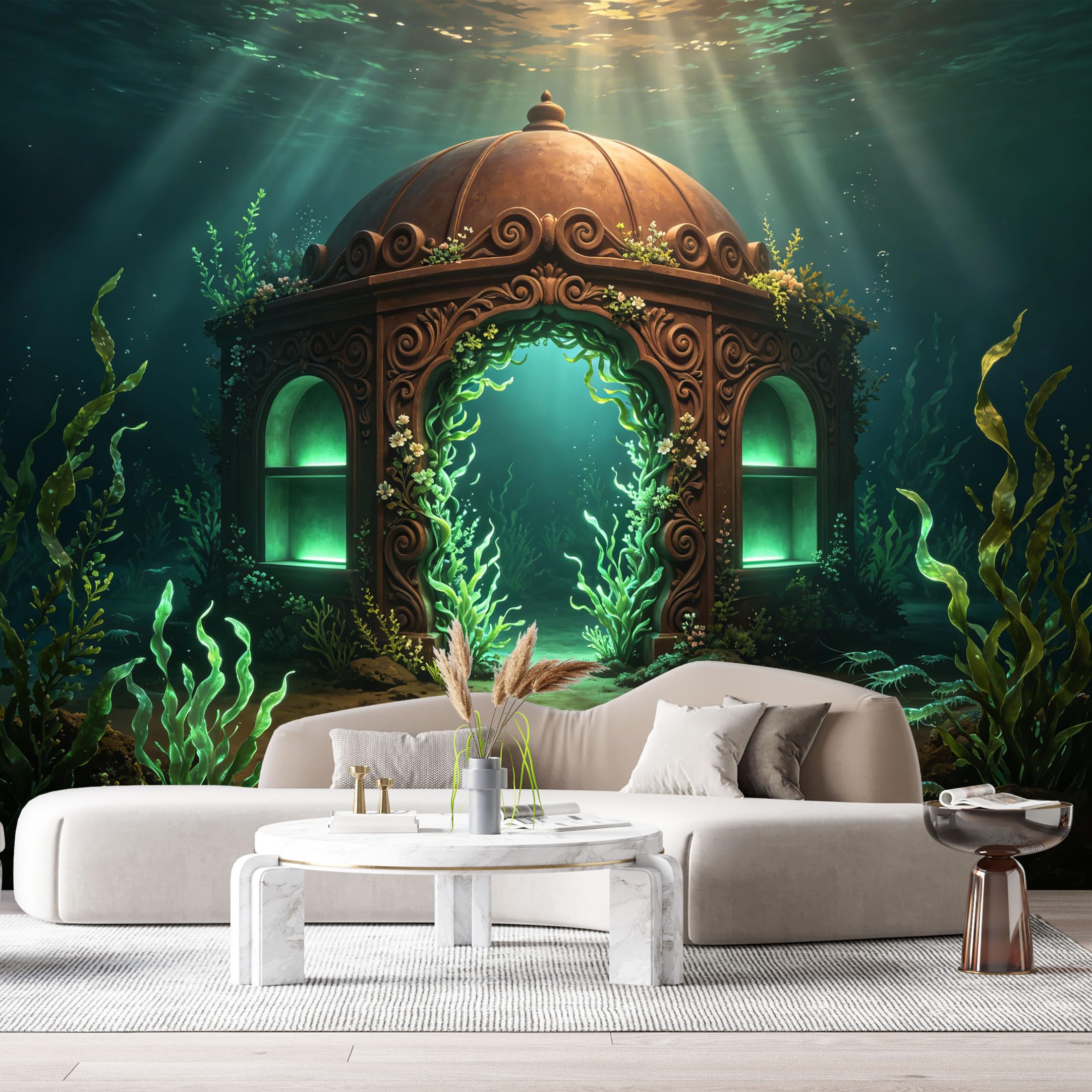 Custom Size Wall Murals Underwater Gazebo Ocean Marine Oil Painting 3D Trompe L'Oeil SelfAdhesiveWall Fabric Removable Wallpaper Wall Decor for Living Room Bedroom Bathroom