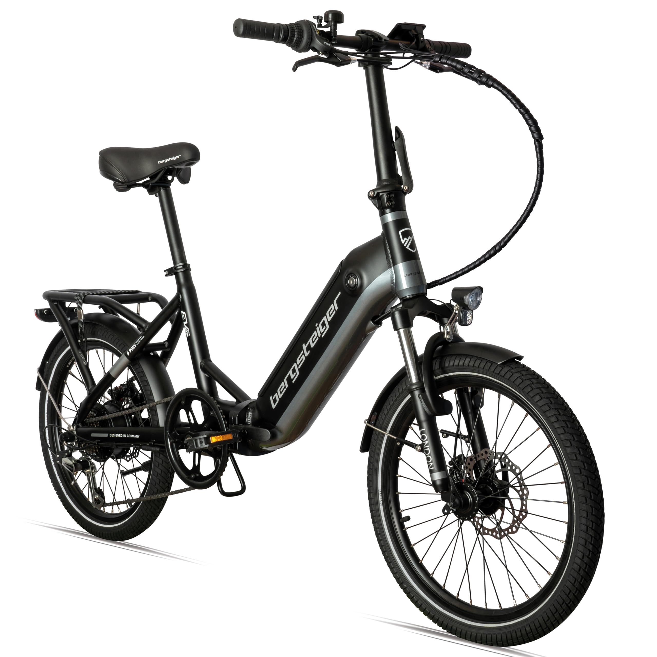 Bergsteiger London 20 Zoll E-Bike Klapprad Faltrad mit Farbdisplay | Starker 250 Watt Motor, 7 Gänge und Scheibenbremsen. Vollintegrierter 468 Wh Akku aus leichtem Alu für Damen & Herren.