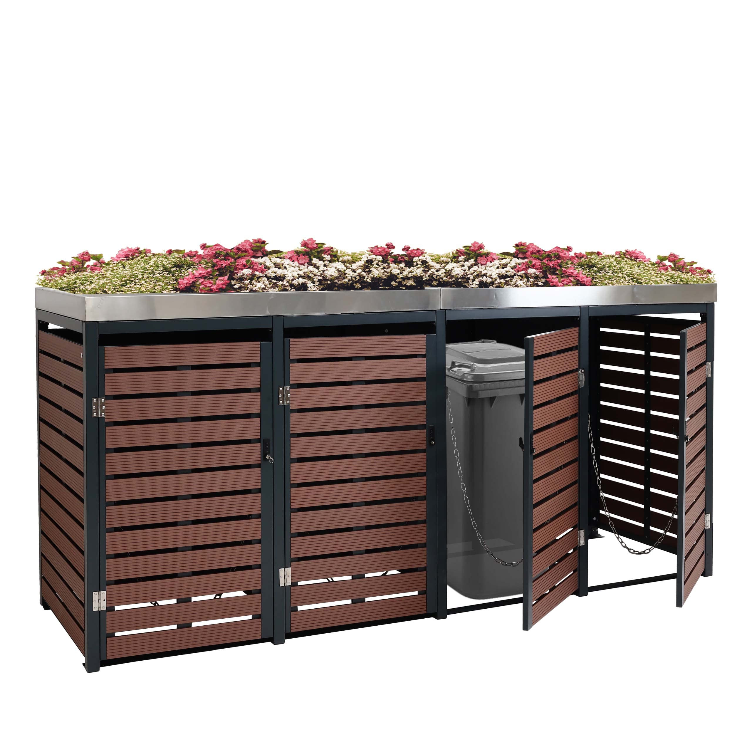 4x copribidoni box spazzatura rifiuti con fioriera HWC-K14 84x265x124cm metallo WPC marrone