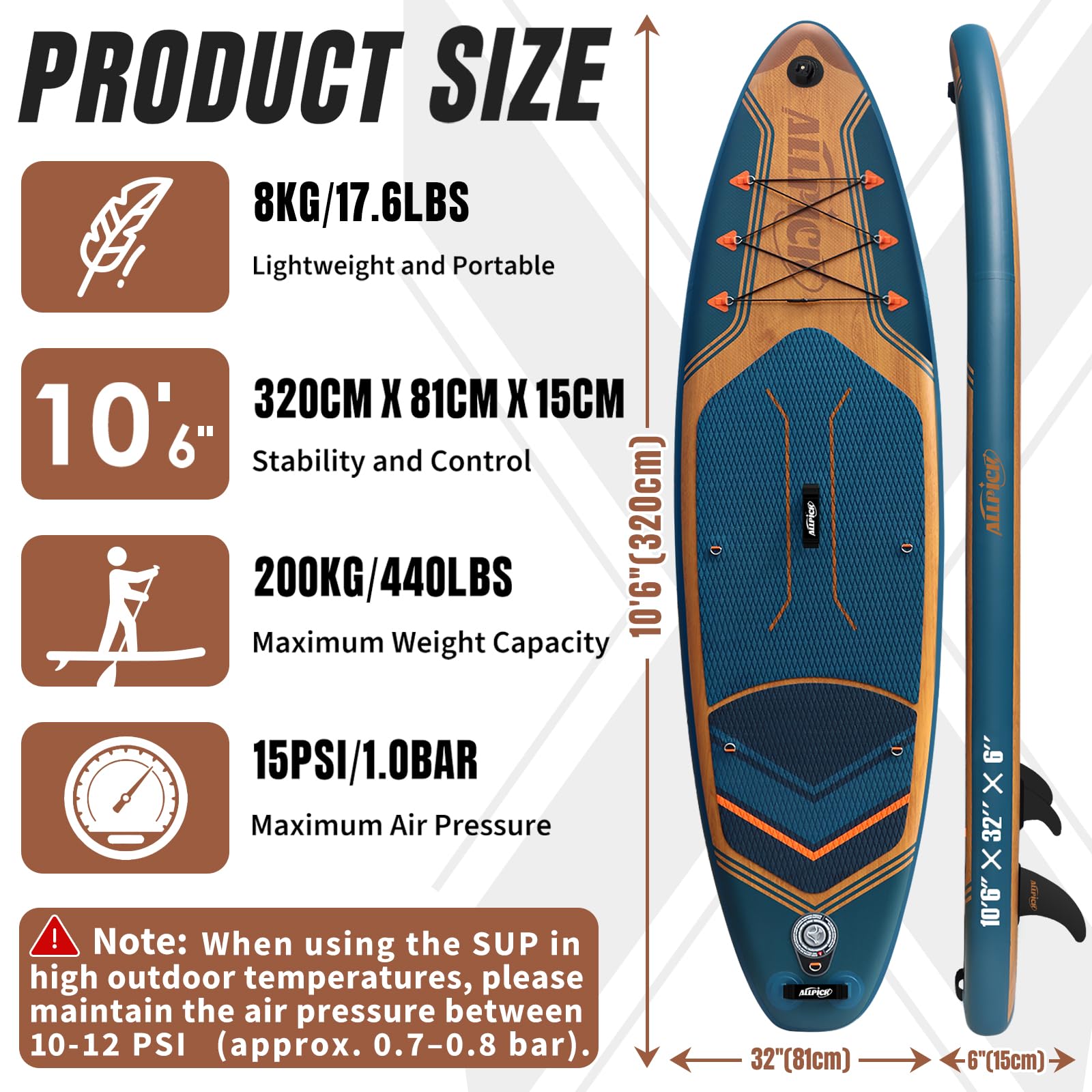 ALLPICK Stand Up Paddling Board Aufblasbar, SUP Board Set, 200kg | Universal Kamerahalterung, Komplettes Zubehör, Verstellbares Paddel, Anfänger, Fortgeschrittene