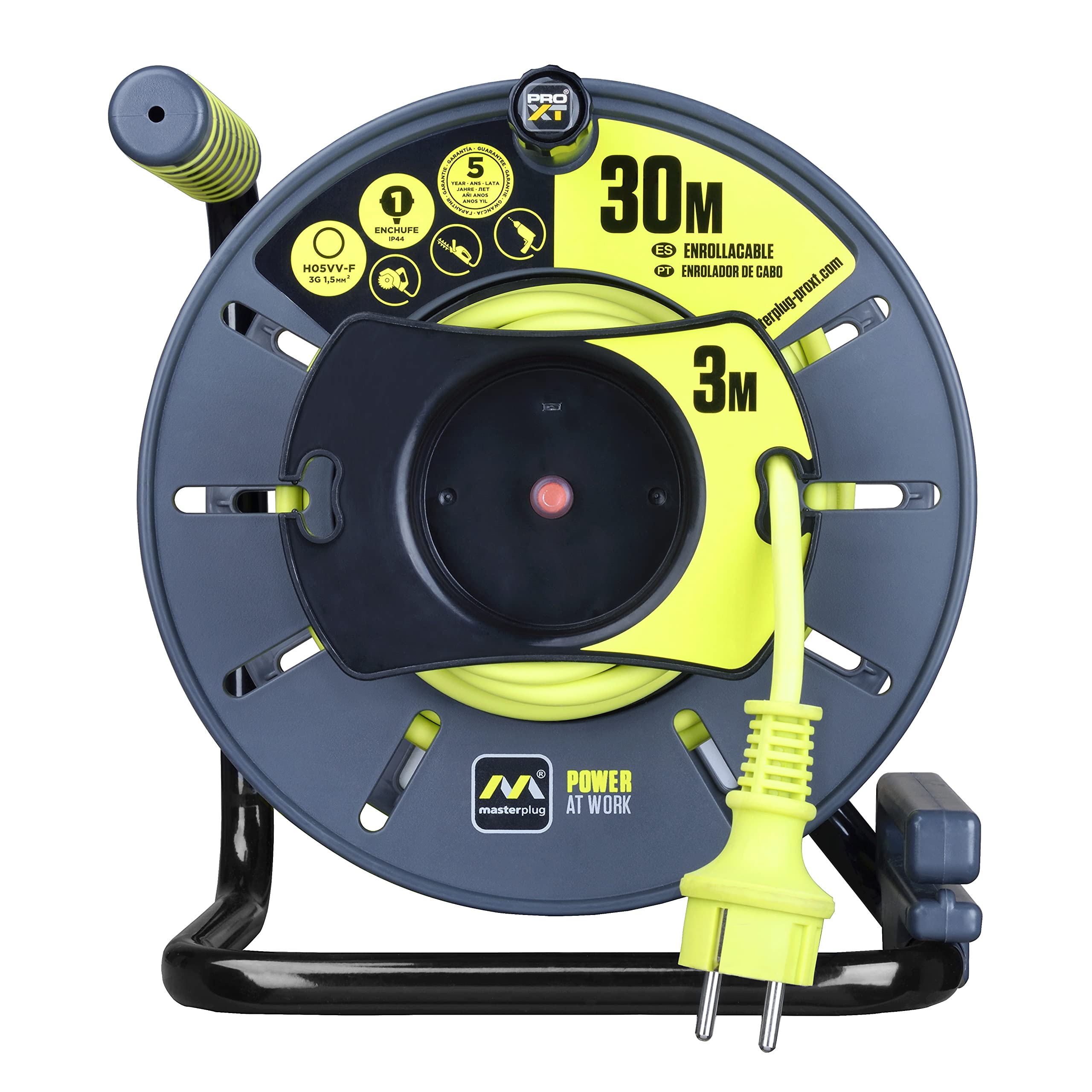 Masterplug Pro-XT Avvolgicavo 33 m, prolunga 4 schufi IP44 esterni, estensione elettrica Schuko 3000 w grigio/verde