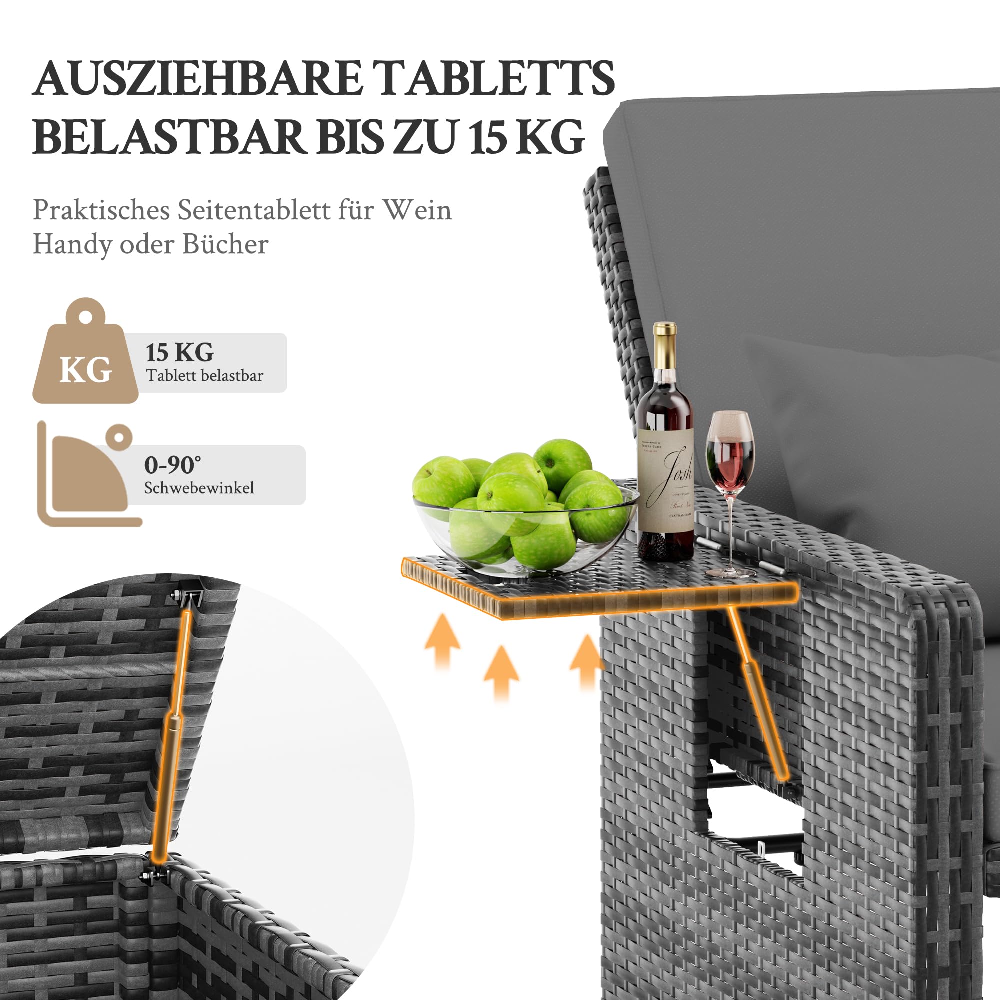 Amopatio Rattan Gartenlounge Outdoor Set, 2-Sitzer Gartensofa mit Verstellbarer Rückenlehne und Stauraum, Wetterfestes Lounge Möbel für Balkon und Terrasse, mit Hocker und Kissen, Grey