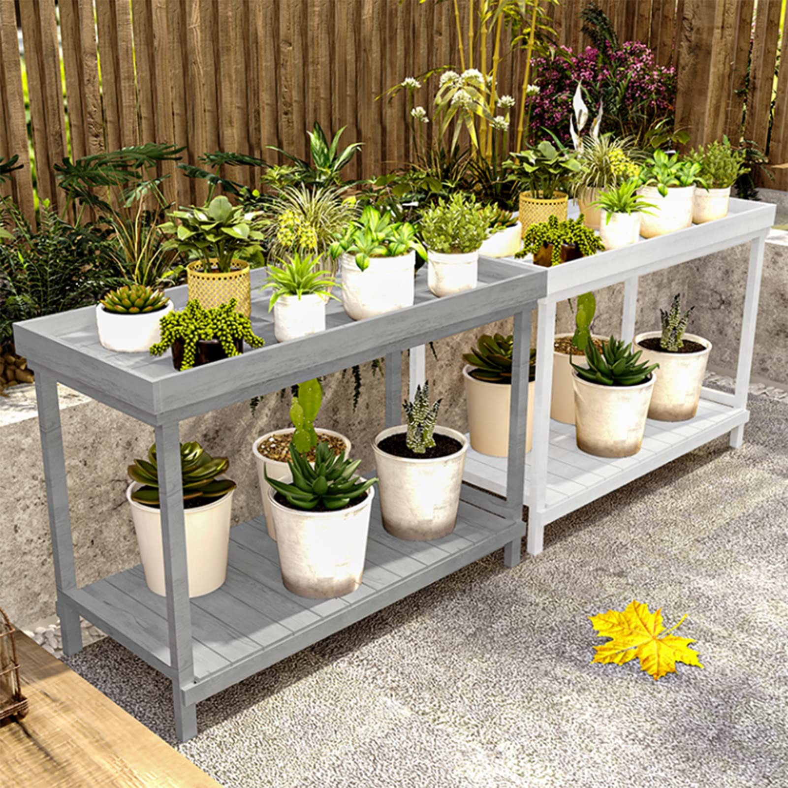 Panchina da giardino a 2 ripiani, marrone, per interni ed esterni, scaffale per piante, scala multistrato e supporto per vasi di fiori, 140 x 60 x 85 cm