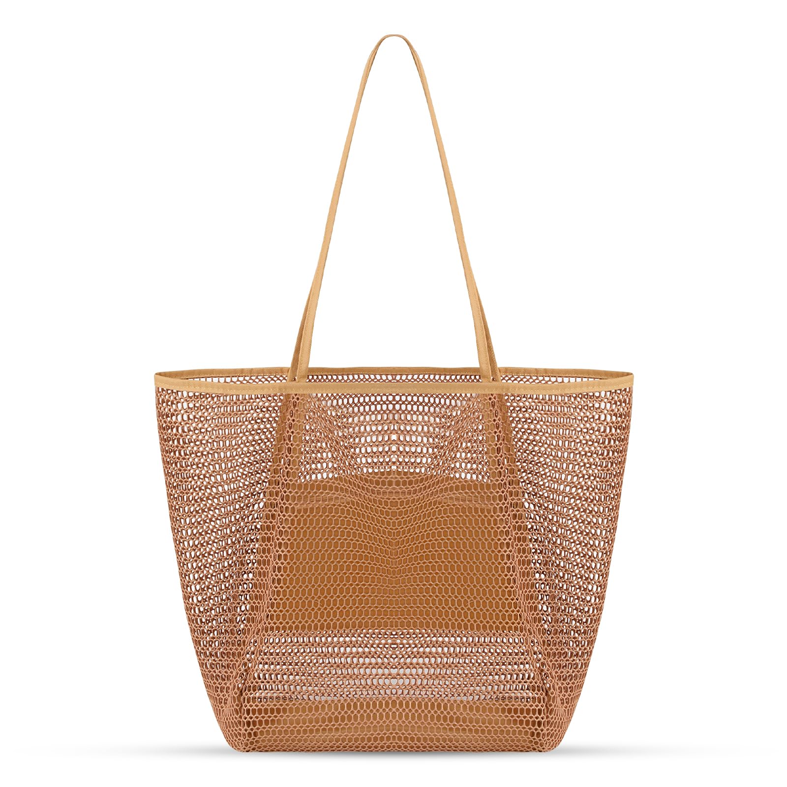 Bolsa de playa de malla, bolsas de playa para mujer, bolsa de playa tejida de paja impermeable con bolsillo interior, bolsa de playa plegable, Caqui, Talla única 8