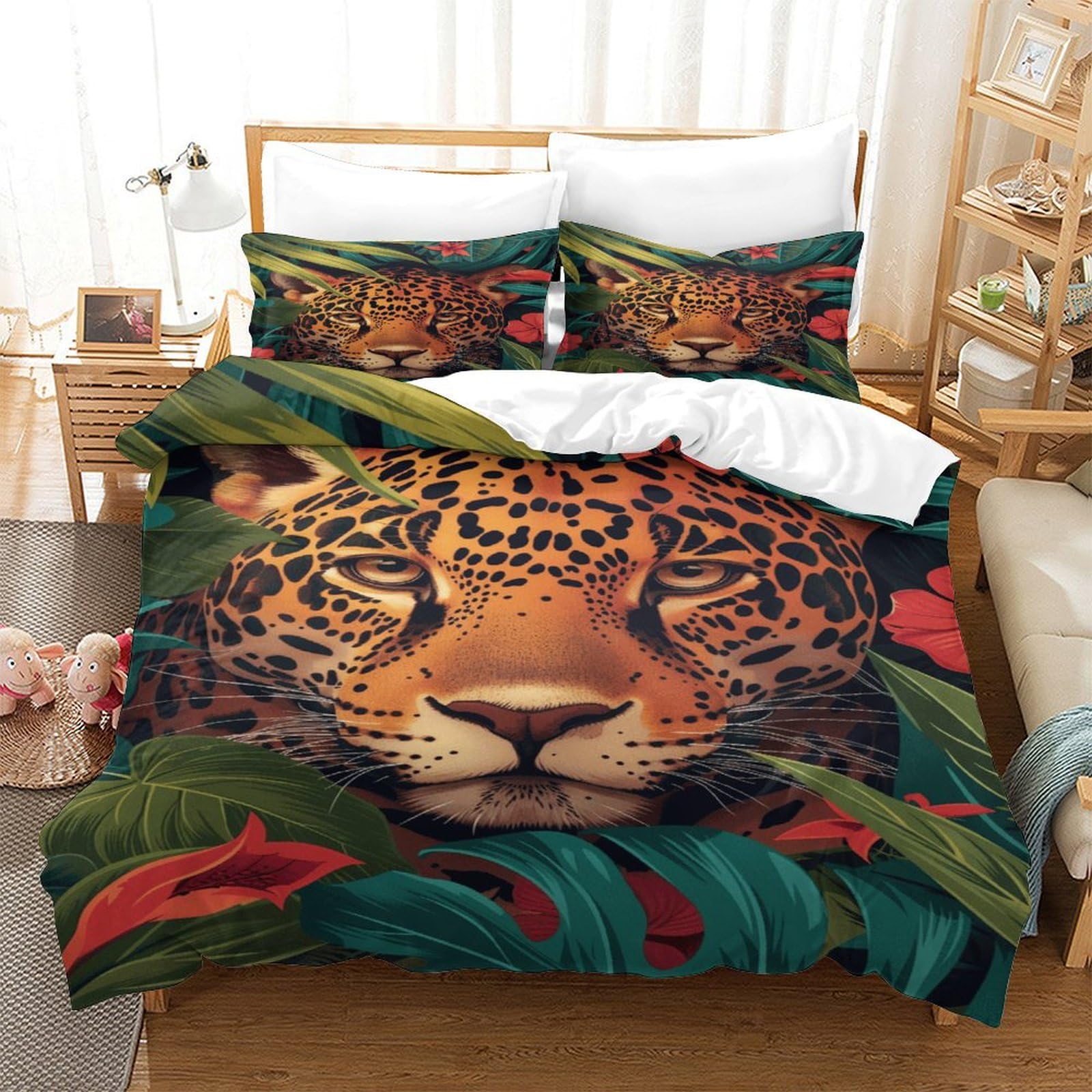 P1s9u7w5y Jaguar-5 Tropical Leopard 3D Printed Duvet Cover Set 3Pcs Microfiber Jungle Animal Bedding Set King（220X240cm）