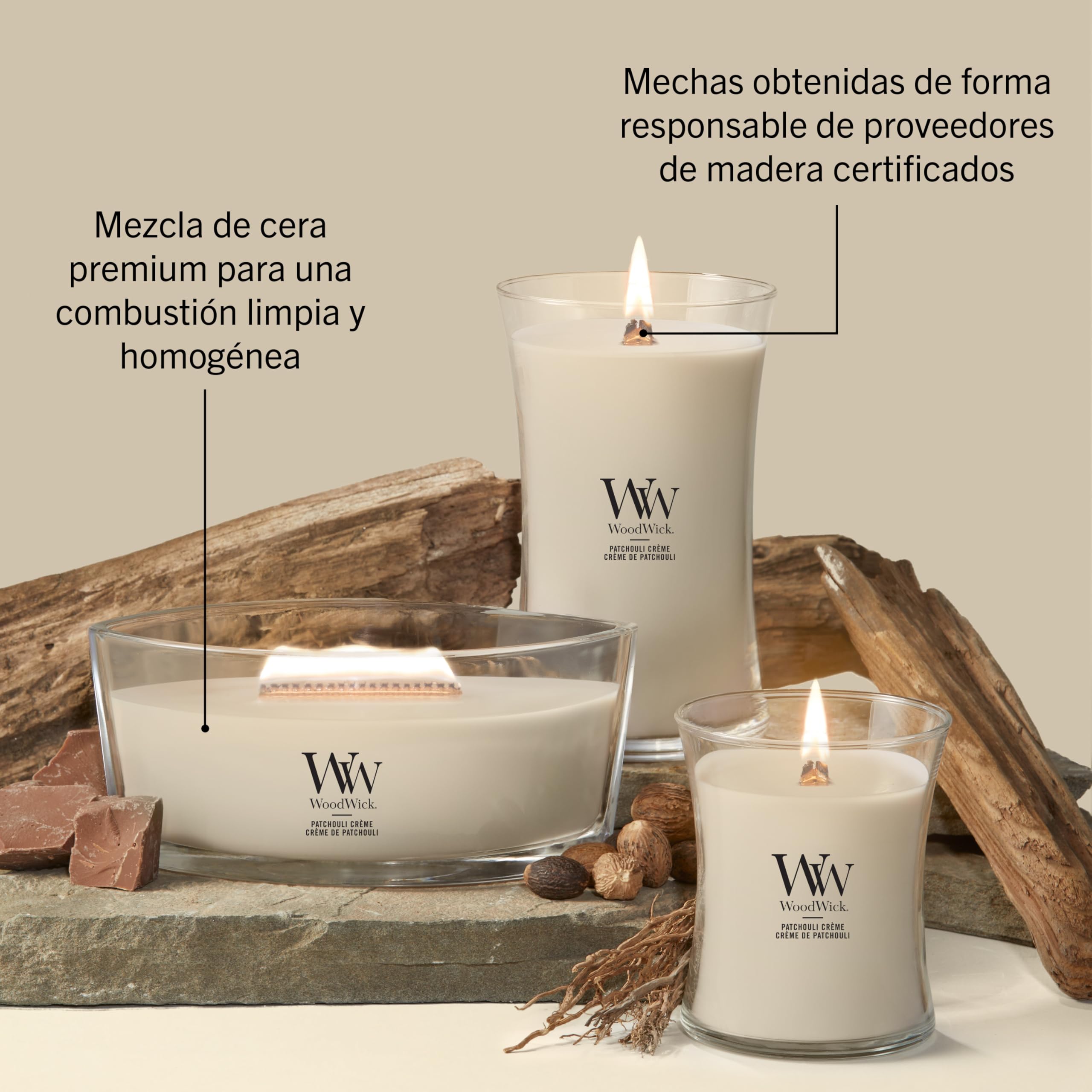 Woodwick Ellipse Vela perfumada con mecha crepitante | Patchouli Crème | Hasta 50 horas de duración | Regalos para mujeres
