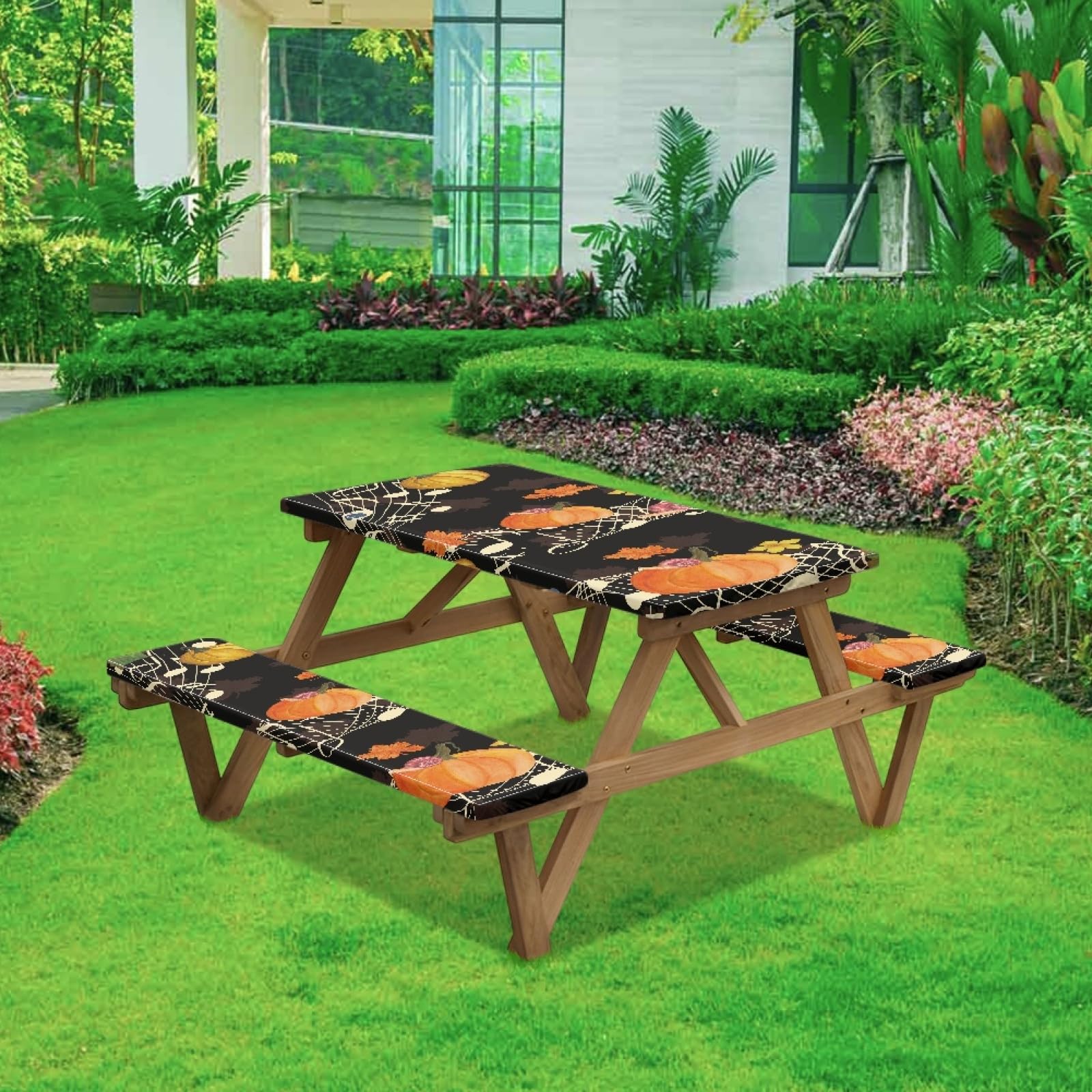 JOAIFO Pumpkin Maple Leaf Music Print Dining Table Bench Cover Camping Table Cover with Seat Covers Fall Theme Rectangle Tablecloths Fitted Picnic Table Cover