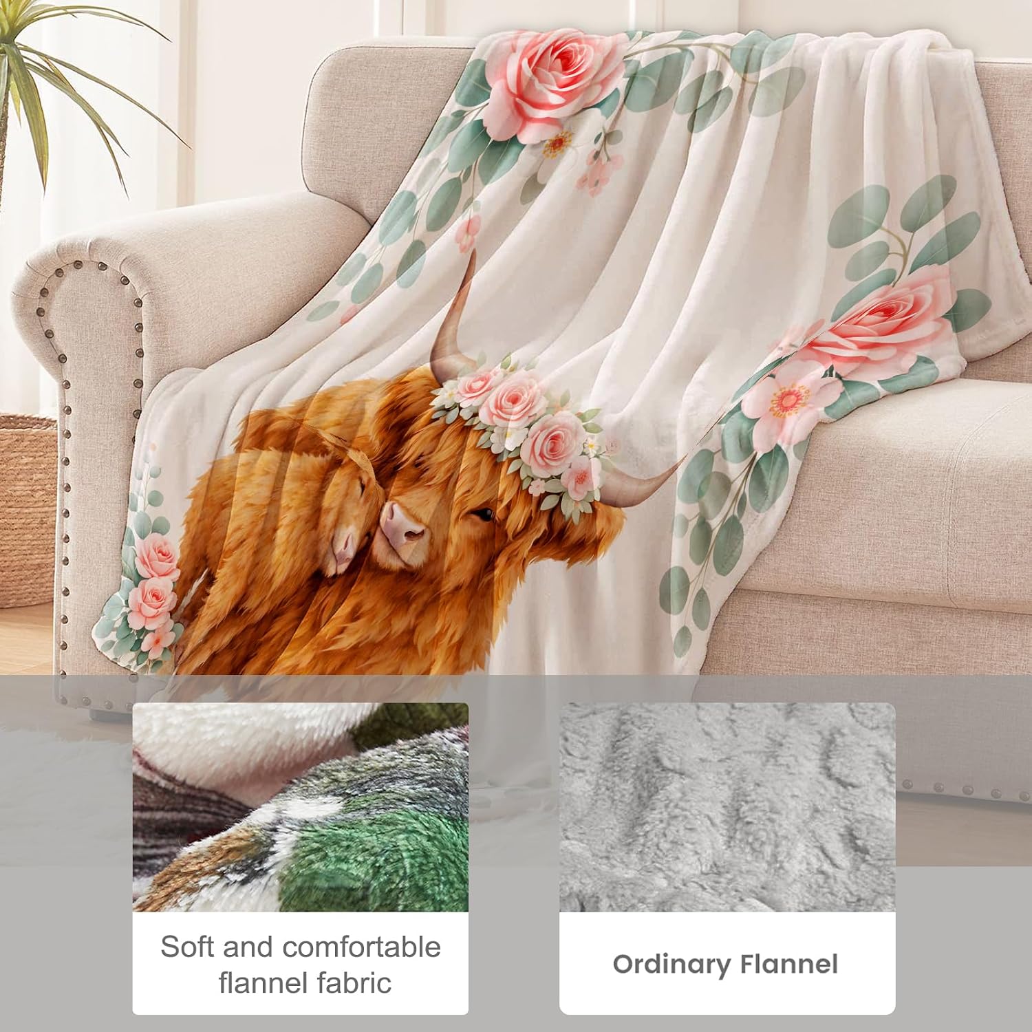 Highland Cow Blanket for Farm Animal Lovers, Cute Cow and Calf Floral Flannel Blankets, Rustic Farm Gifts, Soft Warm Cozy Throws for Sofa Couch Bed Living Room Bedroom Home Decor 60" x 50"