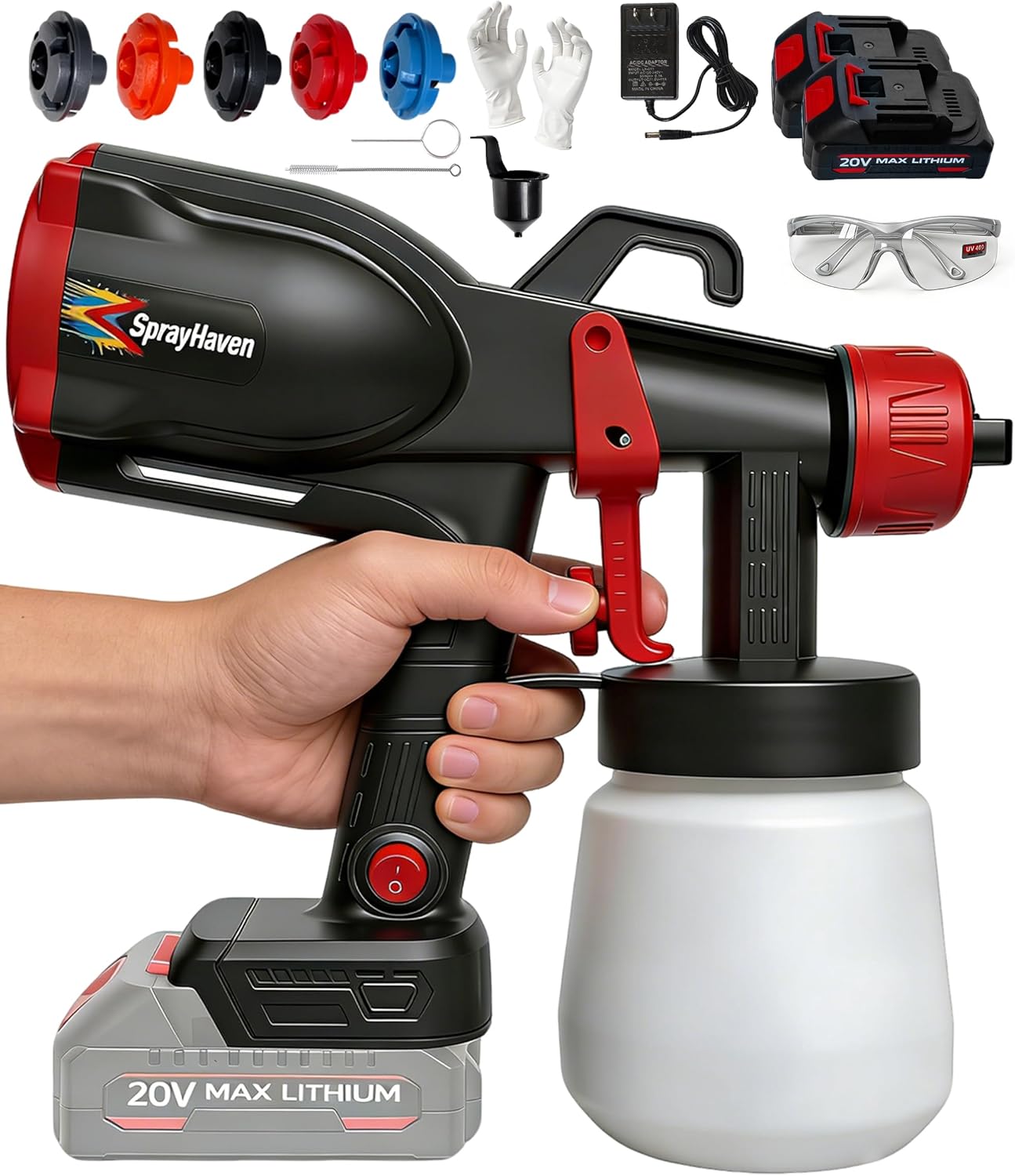 Cordless Paint Sprayer with 2 Battery 20-Min Each, 2.1LBS Lightweight 750W HVLP Electric Spray Paint Gun for Women DIY Homeowners, House Painting, Furniture, Cabinets, Walls, 3 Mods 2min Clean 5 Nozzs