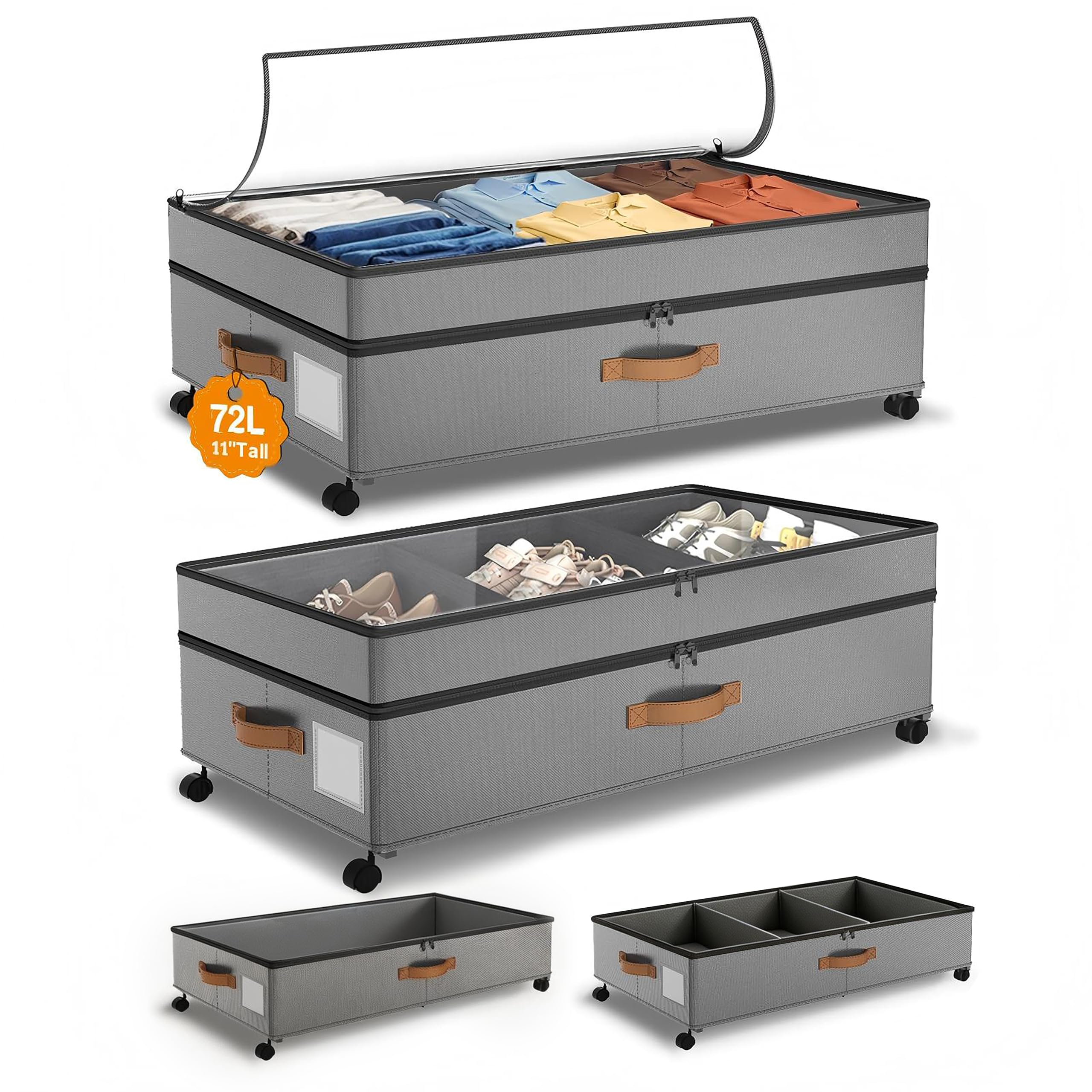 MVNVM Under Bed Storage with Wheels, 72L Under the Bed Storage Containers Large, 9.4"-11" Adjustable Storage for Underbed with Lids, Storage Boxes Rolling with Dividers for Shoes, Clothes, Blankets