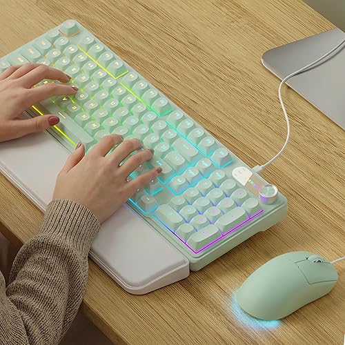 Miniatura 11 de Combo de teclado y mouse con cable C98, teclados de computadora con cable con palma de muñeca, teclas de doble disparo, teclado silencioso con