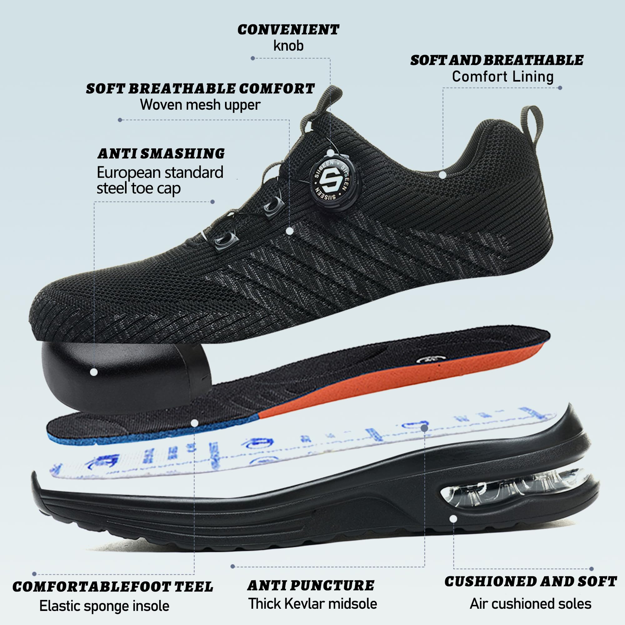Zapatos de Seguridad Punta de Acero Transpirable Antideslizante para Hombre Mujer