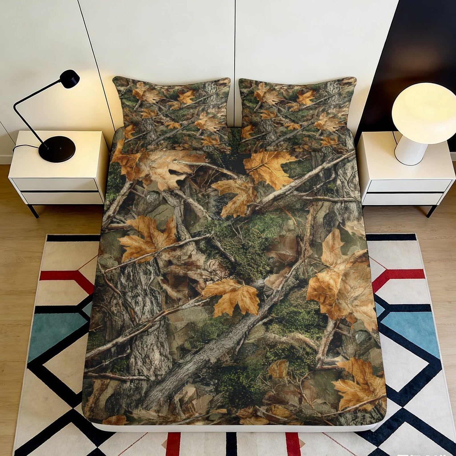 3D Printed Autumn Forest Fitted Sheet Microfiber Non-Slip Camouflage Leaves Mattress Cover Bedroom Decor 90x200x25cm