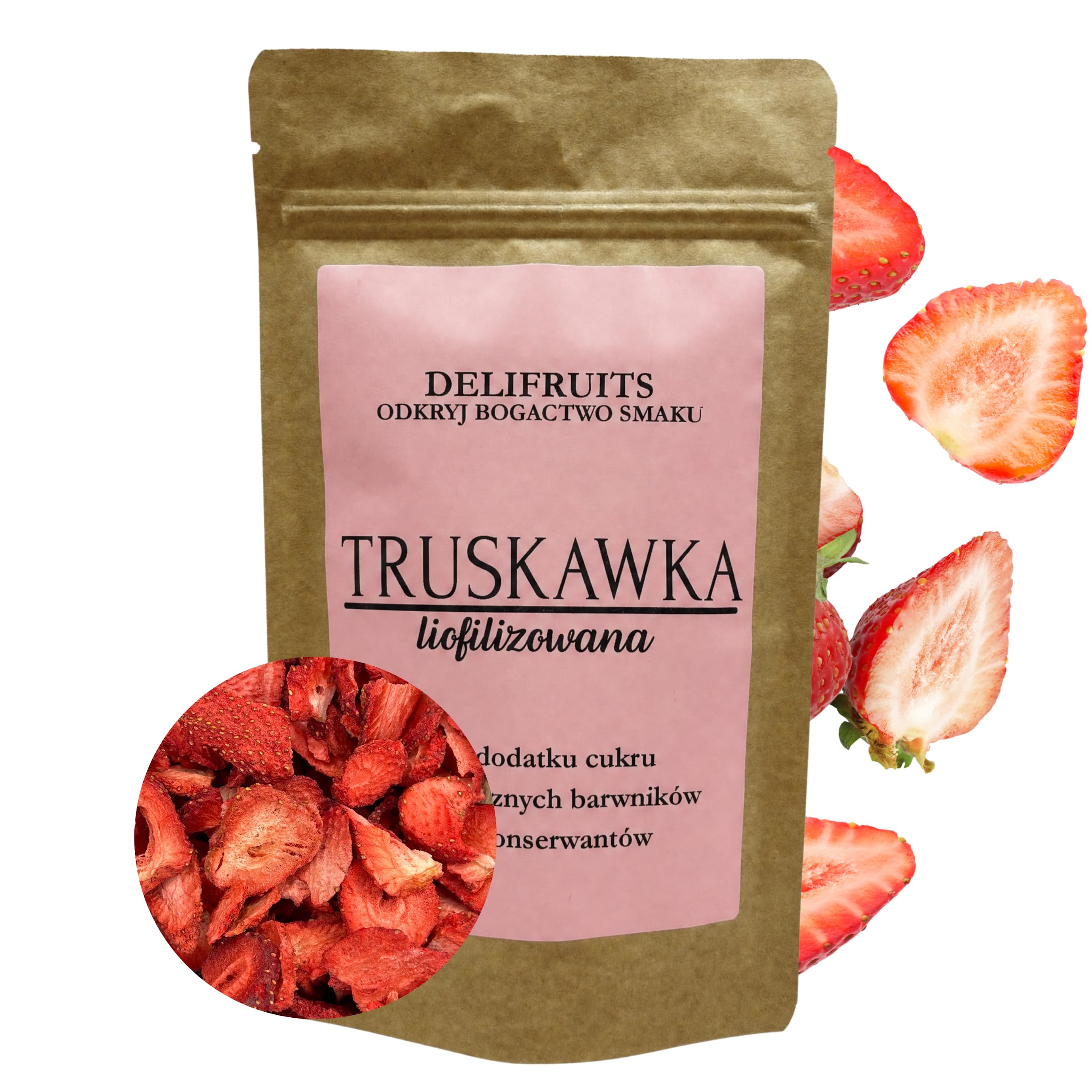 TRUSKAWKA LIOFILIZOWANE PLASTRY 100G ZDROWE OWOCE LIOFILIZOWANE DELIFRUITS