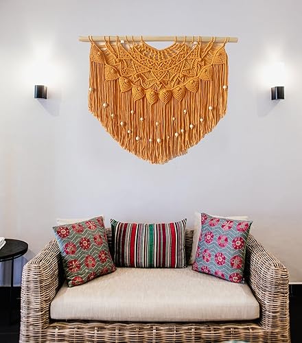 Miniatura 8 de Youngeast Cortina grande de macramé para colgar en la pared, estilo bohemio, con cuentas para ventana, macramé, cabecero, sala de estar, tapiz de