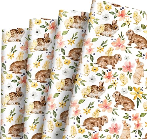 AnyDesign - Papel de regalo de conejo de Pascua plegado plano en acuarela floral de conejo, papel de regalo a granel, lindo papel de arte para