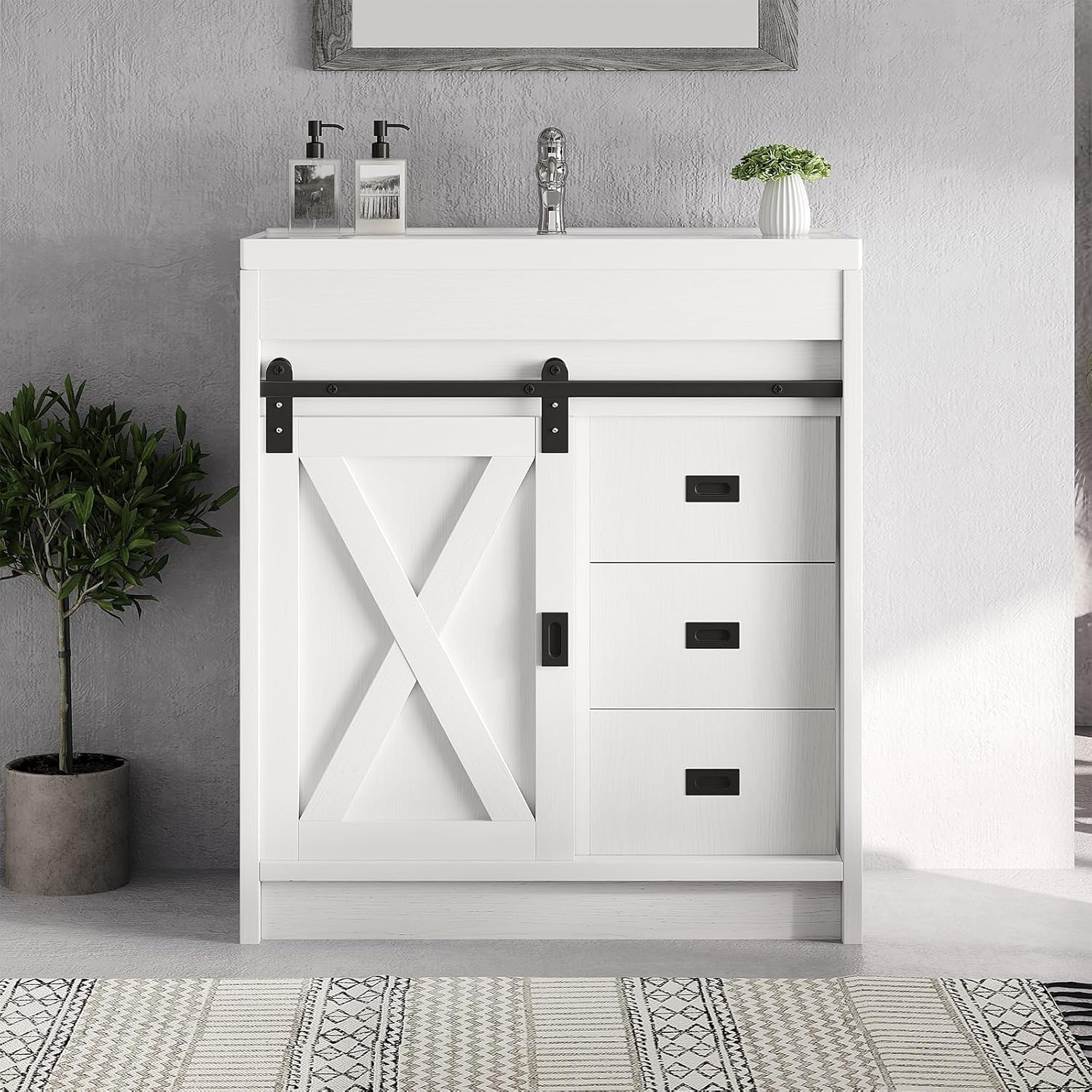 4ever2buy 30" Farmhouse Bathroom Vanity with Sink, Small White Bathroom Vanity Cabinet with 2 Drawers & Sliding Barn Door, White
