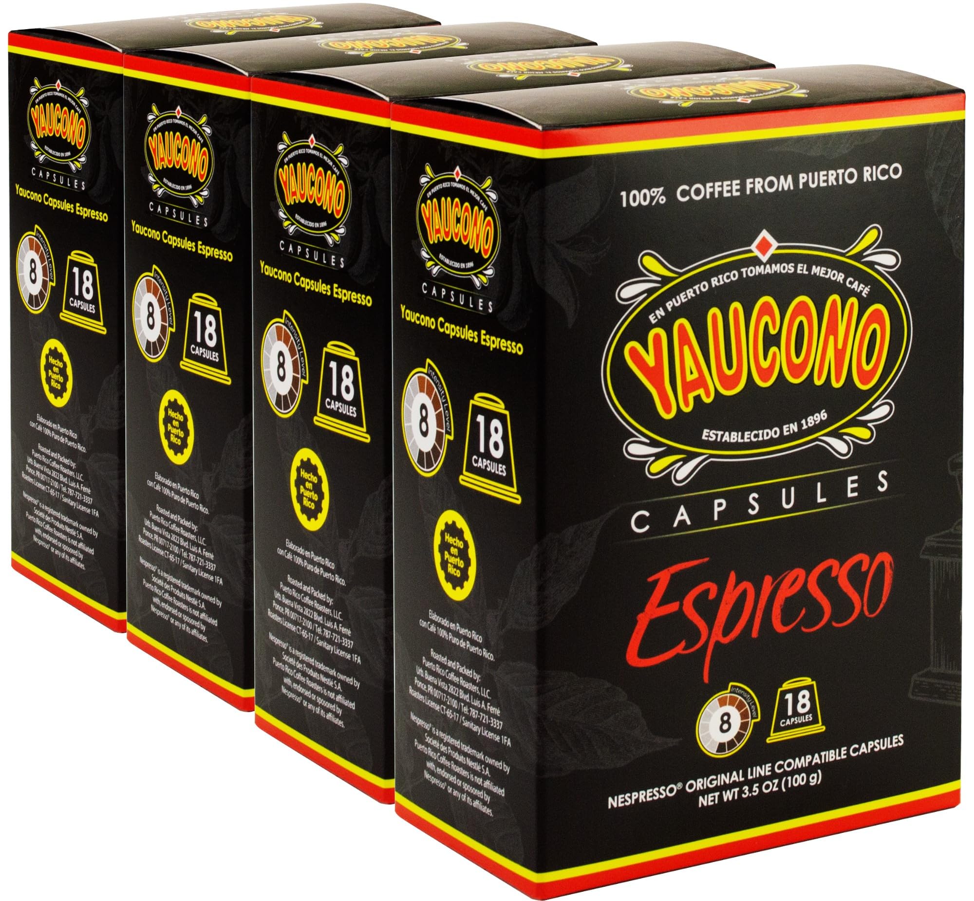 Yaucono Espresso Capsules, Espresso Roast, 100 Percent Coffee from Puerto Rico Compatible with Nespresso Machines, 18 Count (Pack of 4)
