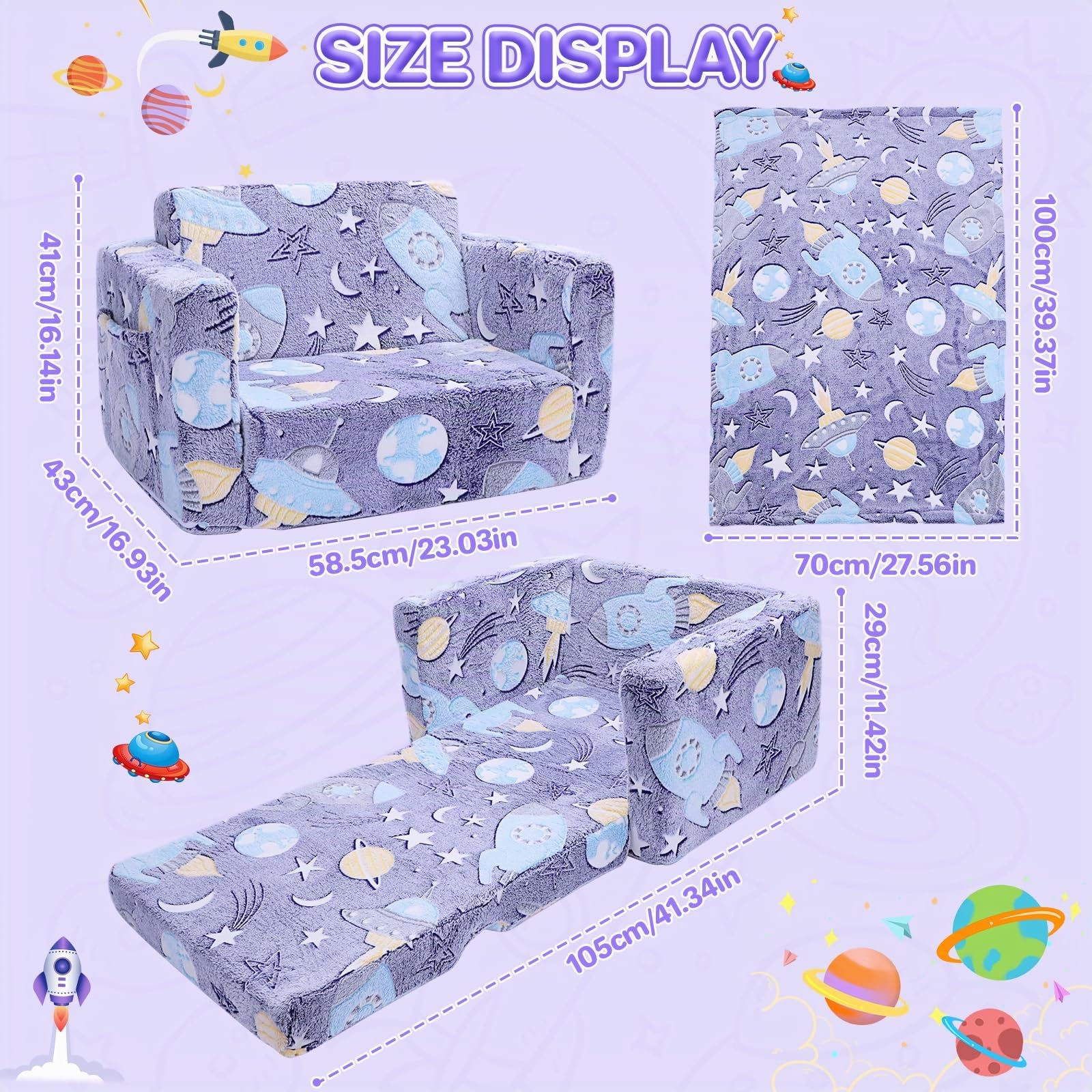 Sofá Cama para Niños 2 en 1 Extra Ancho, Sofá Plegable para niños, Sofá Infantil Plegable de Sherpa Suave con Dinosaurio Brillante, Cama Convertible para Niños/Niñas (Astronautas)