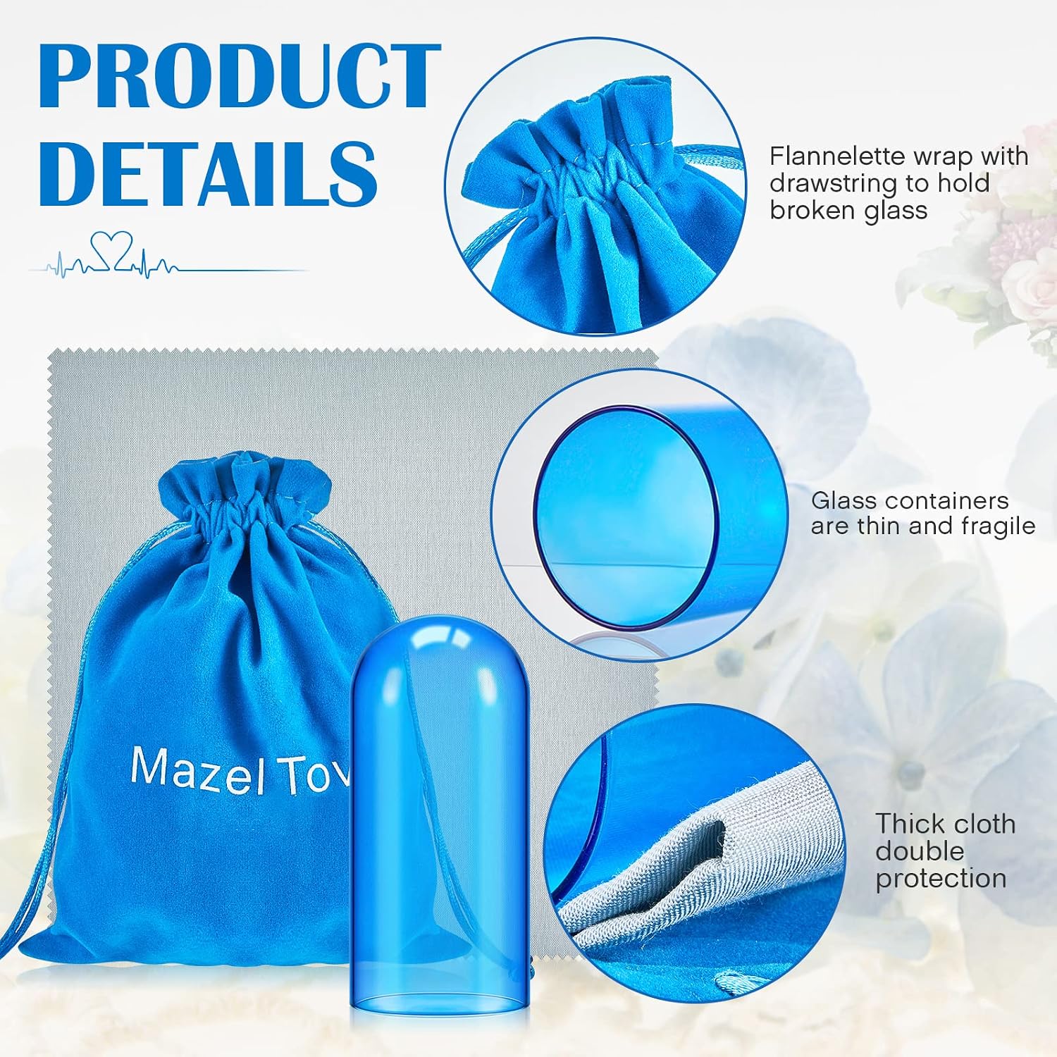 Suclain Jewish Wedding Glass Breaking Kit Blue Color Glass Vessel Engagement Gift with Drawstring Bag for Jewish Style Wedding(Blue,1 Pcs)