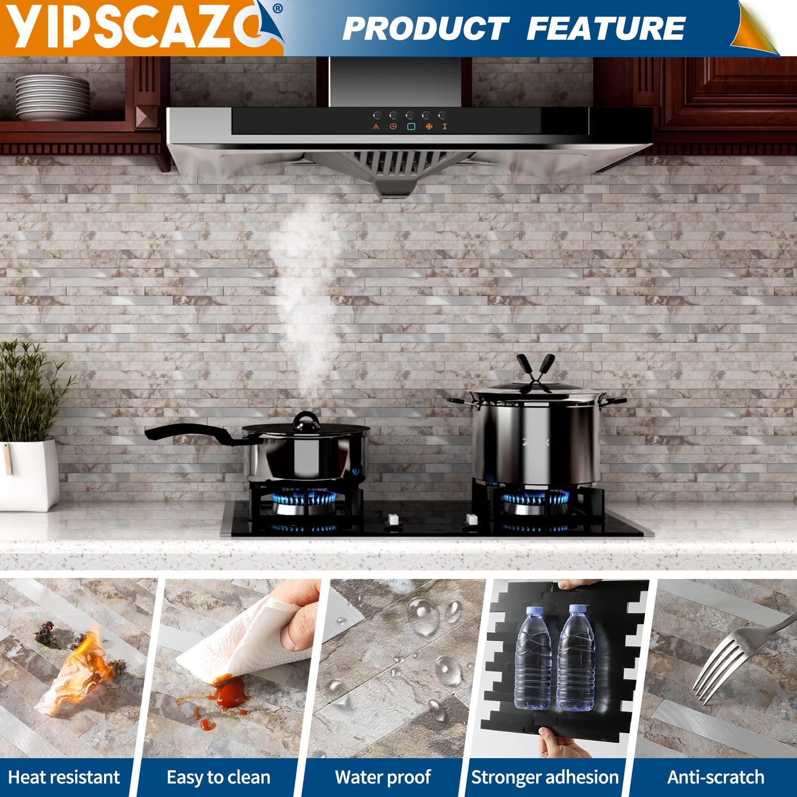 Yipscazo Stacca e attacca piastrelle in metallo con pietra paraspruzzi, piastrelle da attaccare per cucina, bagno, lavanderia, camper, camino (30,5 x 30,5 cm, 10 fogli in Perisa)