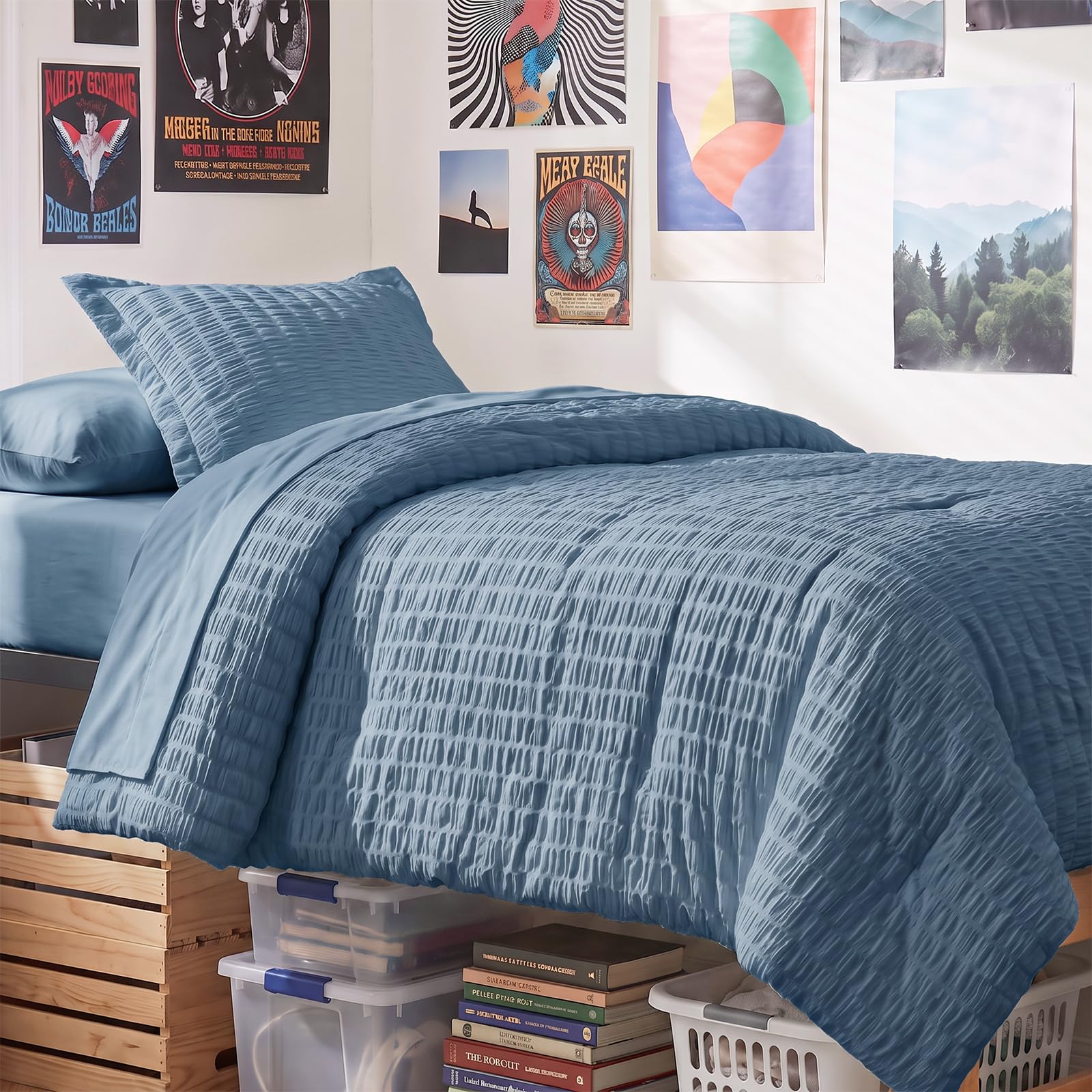 CozyLux Twin Comforter Set, 5 Pieces Grayish Blue Seersucker Bed in a Bag