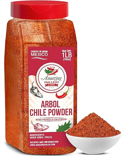 Chile de Arbol - Chile rojo seco en polvo - 1 libra 16 oz - Pimientos molidos para auténtica cocina mexicana por Amazing Chiles Spices