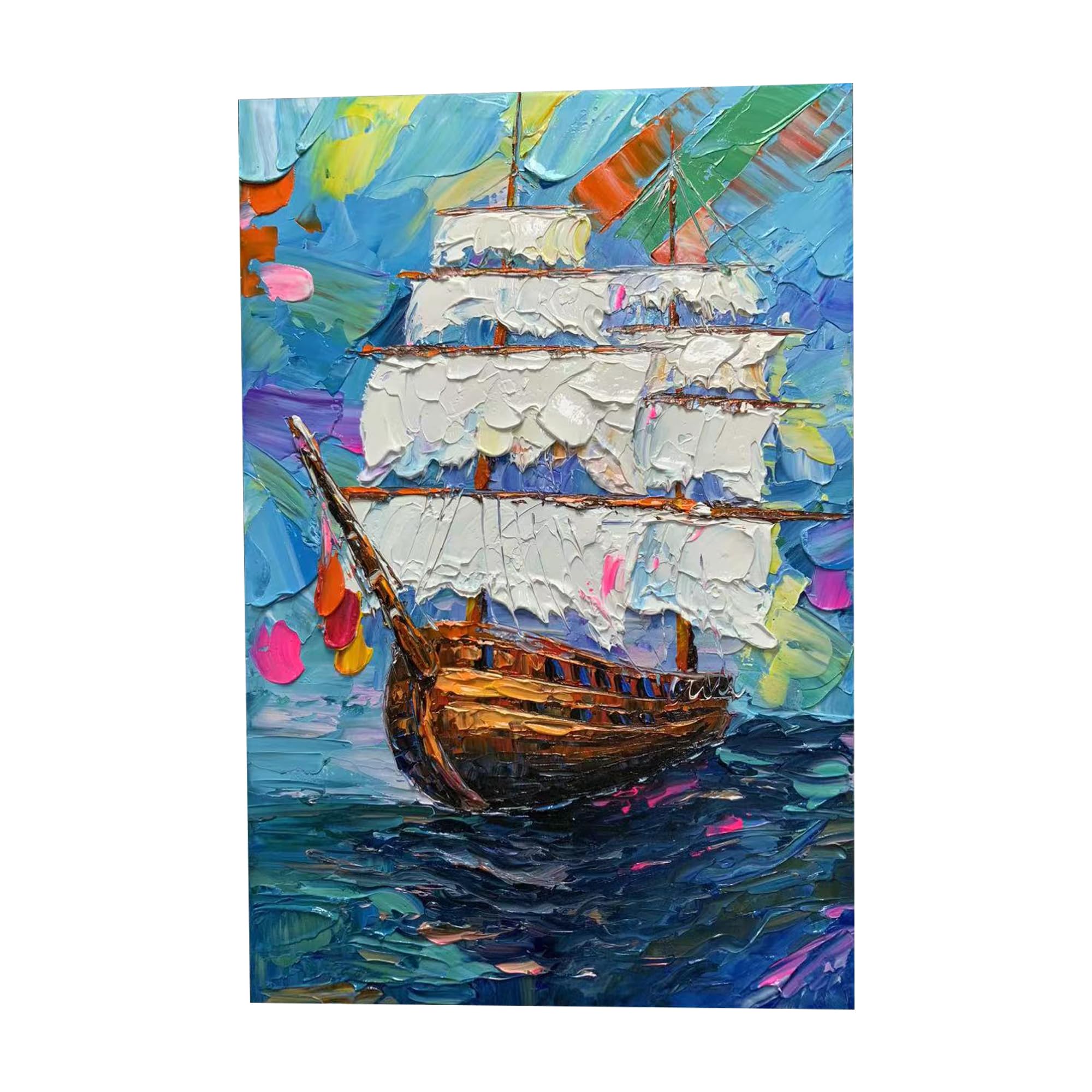 Boieesen Art,24x36Inch Colorful Hand Painted Sailboat Wall Art Abstract Seascape Artwork Sailing Ship Painting Nautical Home Wall Decor for Bedroom