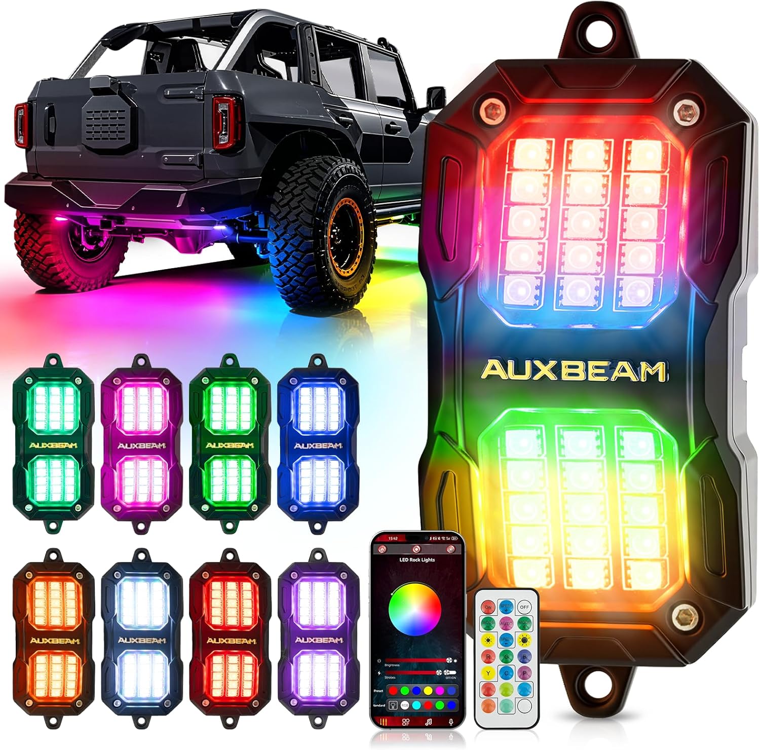 Amazon.com: Auxbeam 8-Pod RGB LED Rock Lights w/Brake Mode 217°Dual ...