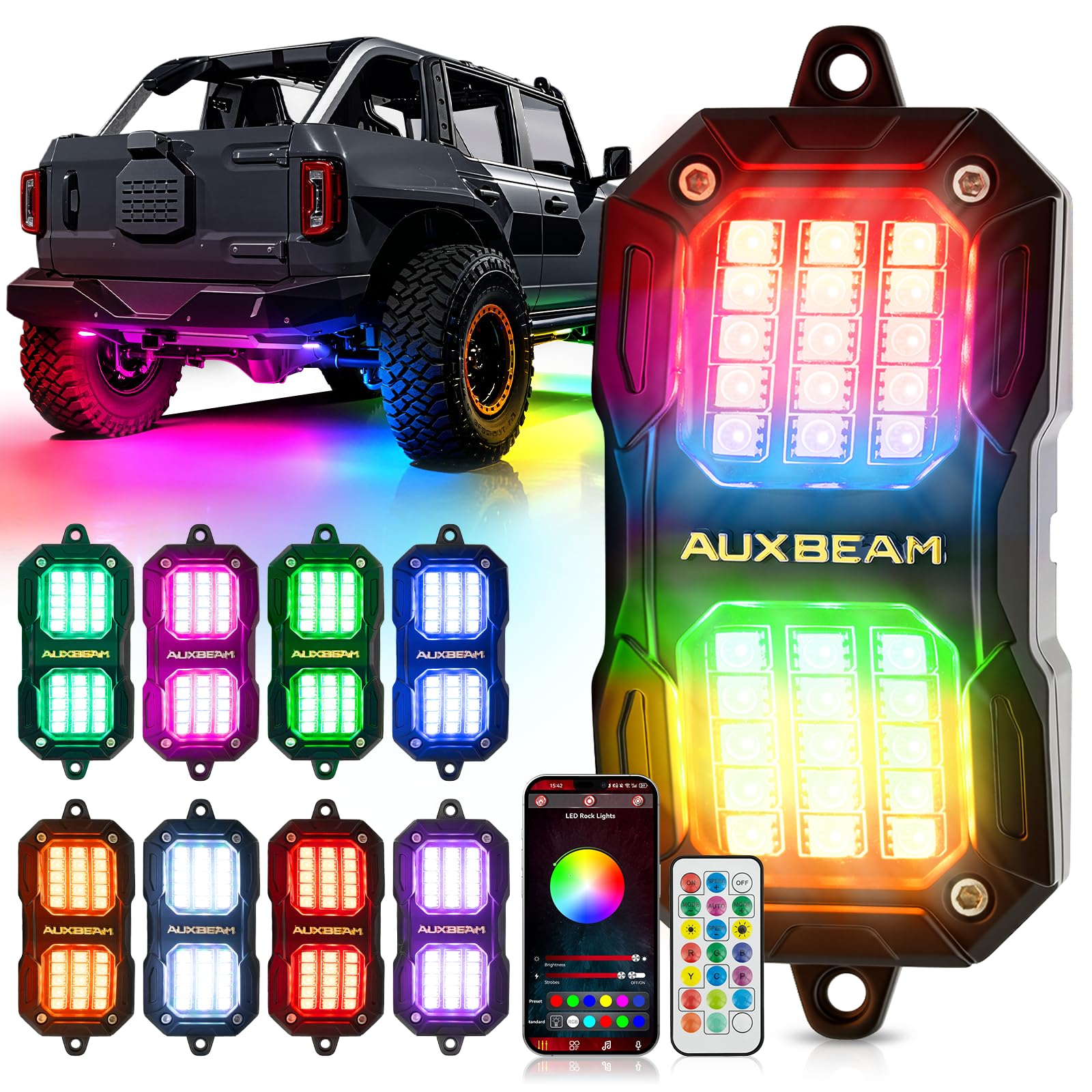 Photo 1 of Auxbeam 8-Pod RGB LED Rock Lights w/Brake Mode 217°Dual-Side Lighting Underglow Kit w/Bluetooth APP & Remote Control Music Voice Sync Waterproof Wheel Well Lights for Trucks Offroad RV 2 Year Warranty