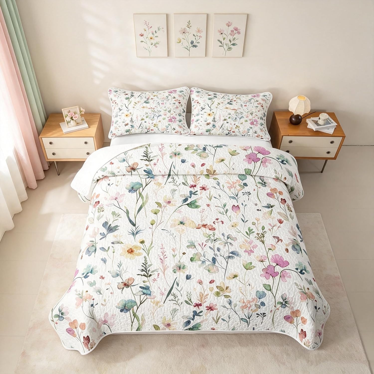 Boho Quilt Set Twin Watercolor Floral Quilted Bedding Orange Red Rustic Flowers Bedspread Coverlet Plant Leaves Botanical Quilt Comforter Lightweight Quilted Blanket for Hot Sleepers Boys Girls
