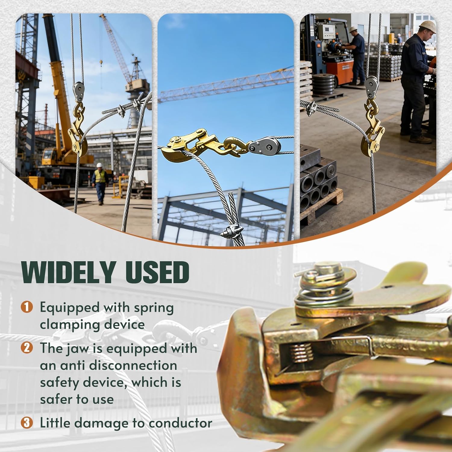 Collage showing the YATOINTO cable grip used in construction, industrial, and agricultural settings.