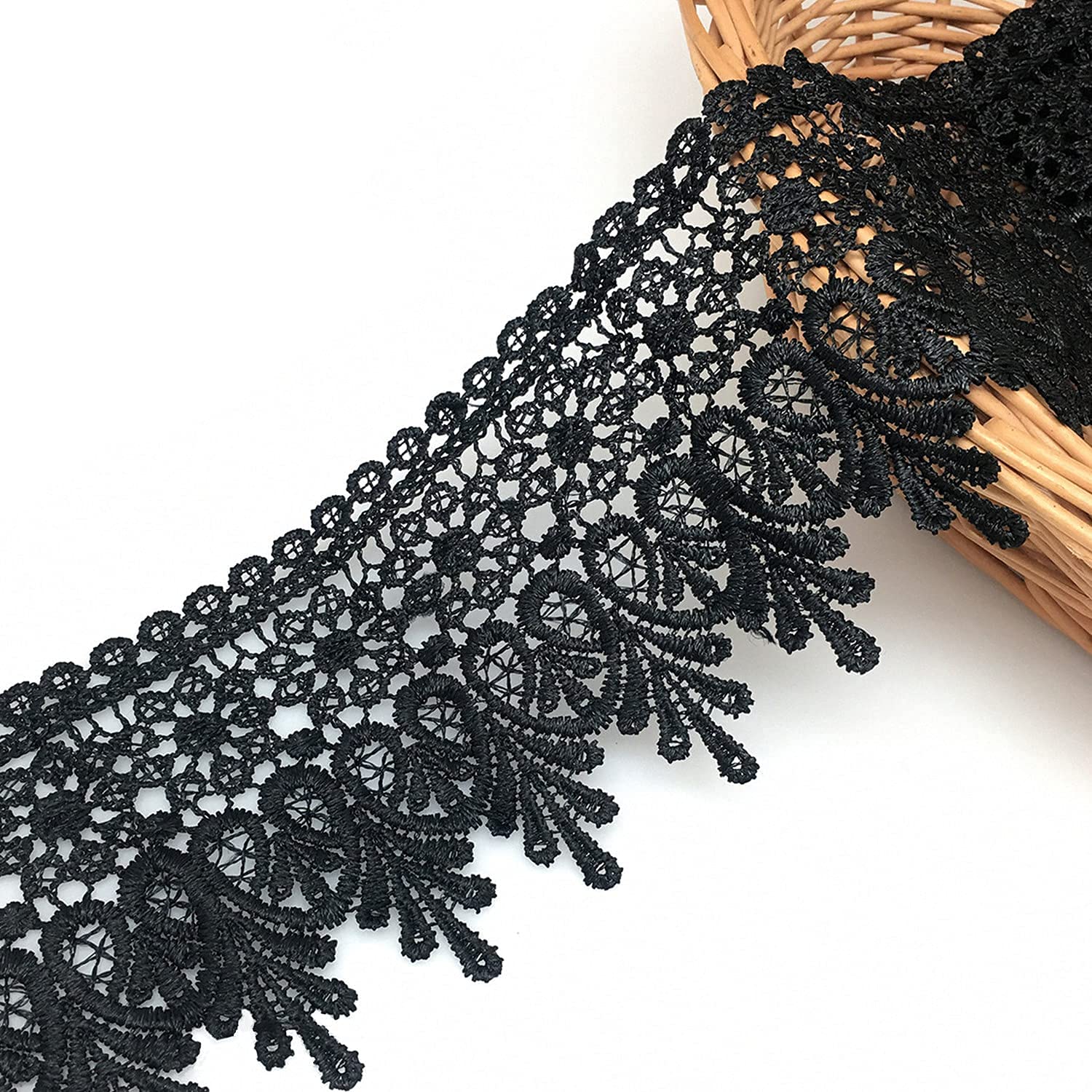 FQTANJU 5 Yard Floral Lace Edge Trim 9cm Wide Ribbon Edging Trimmings Wedding Dress Embellishment Gift Party Decoration Applique DIY Sewing Crafts (Black) - Image 2