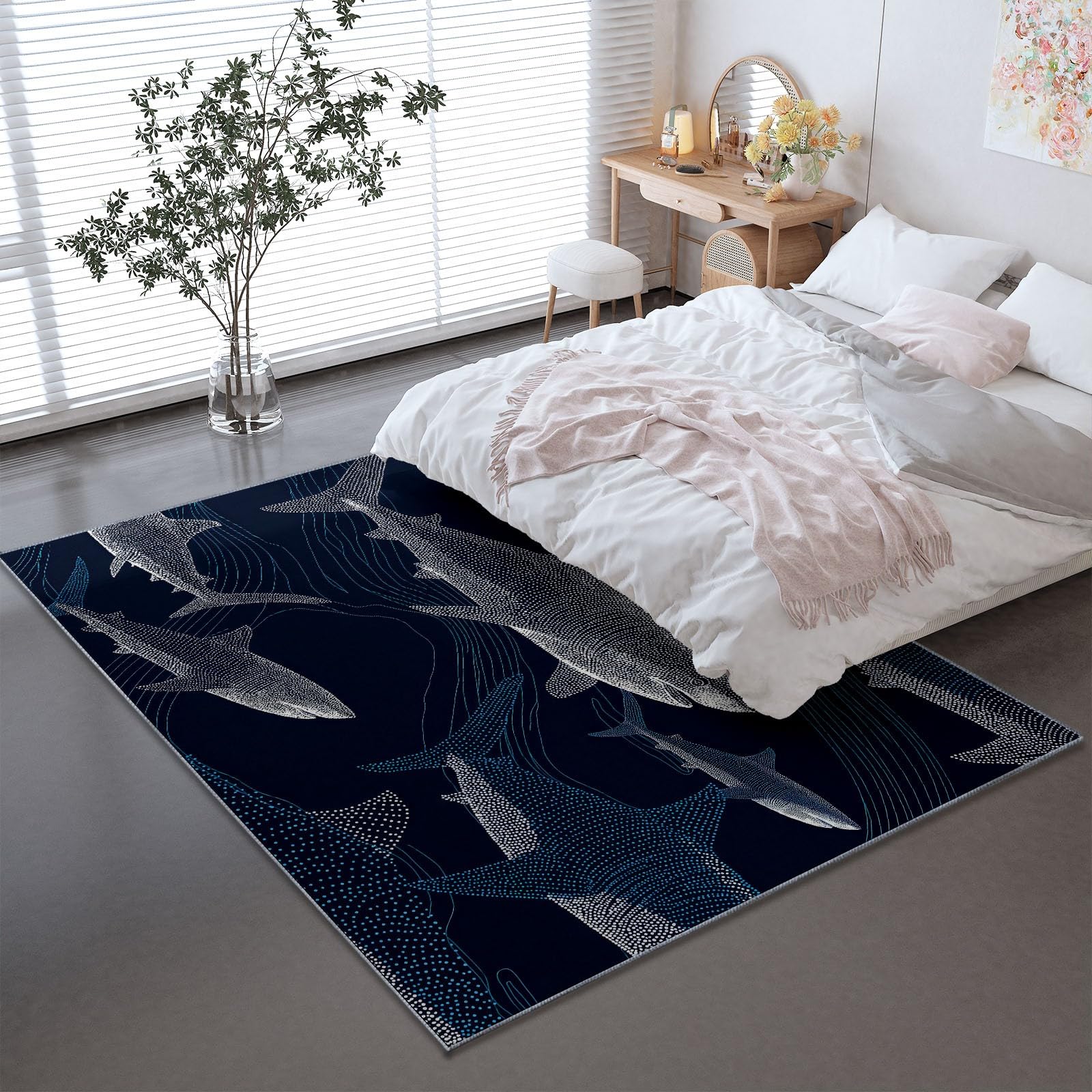 Generisch Dunkelblau Teppich Wohnzimmer 160 x 230 cm, Waschbare Teppiche Minimalismus Digitale Kunst Fische Design Teppich mit Rutschfester Rückseite für Eingang, Flur und Korridor, Büro