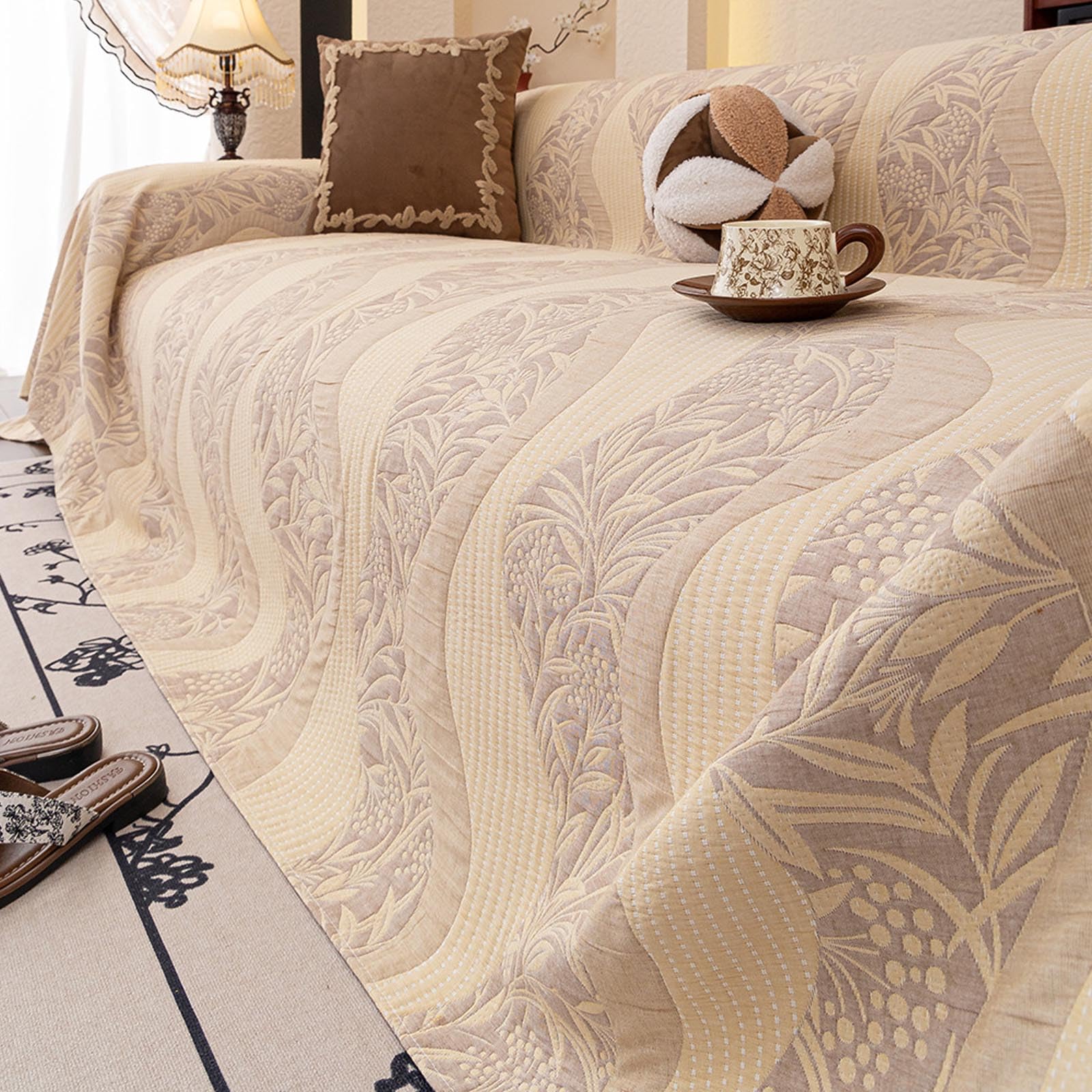 Housse de canapé jaune matelassée en coton lavé 230x260 cm protège-canapé universel